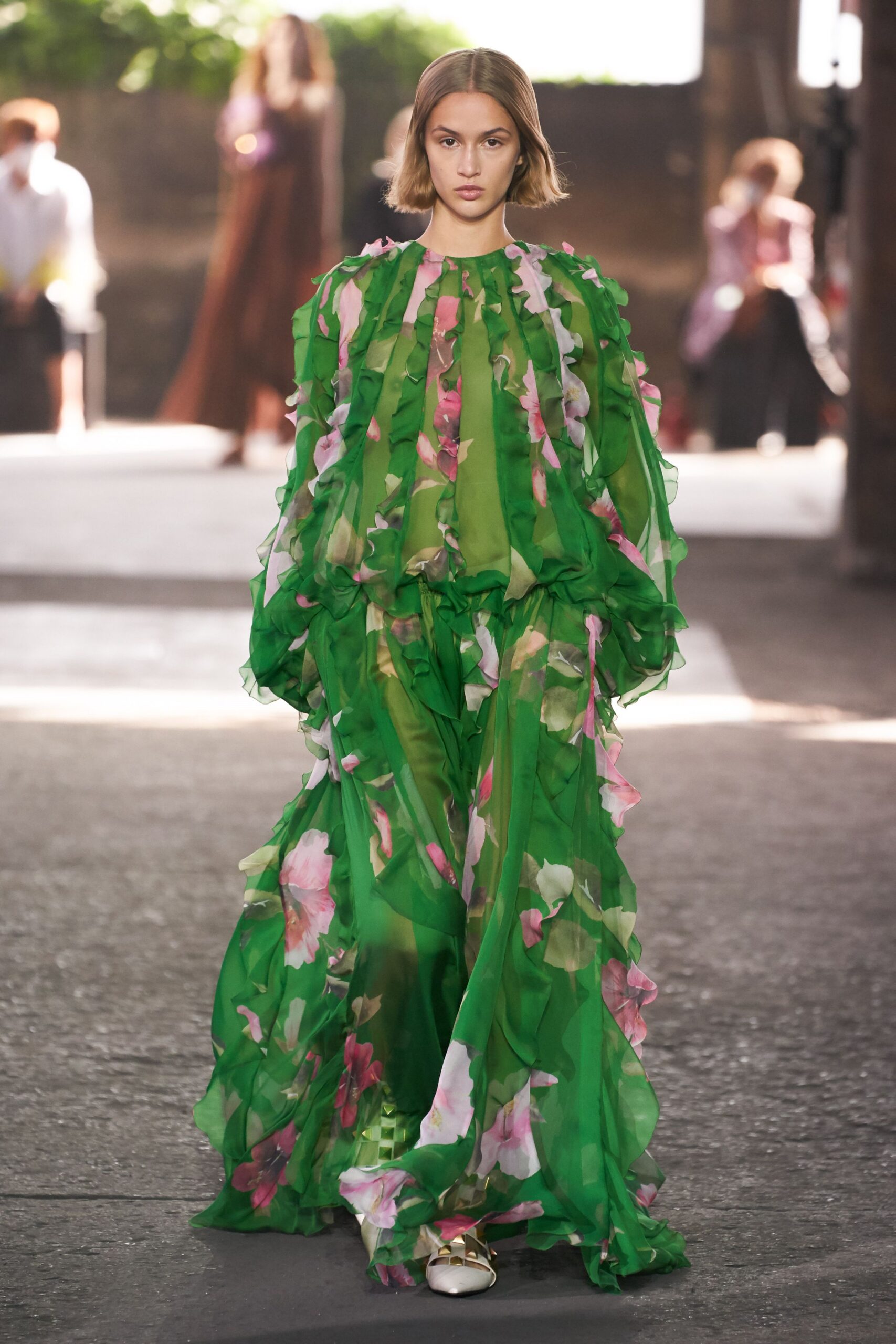 green floral ruffled maxi dress