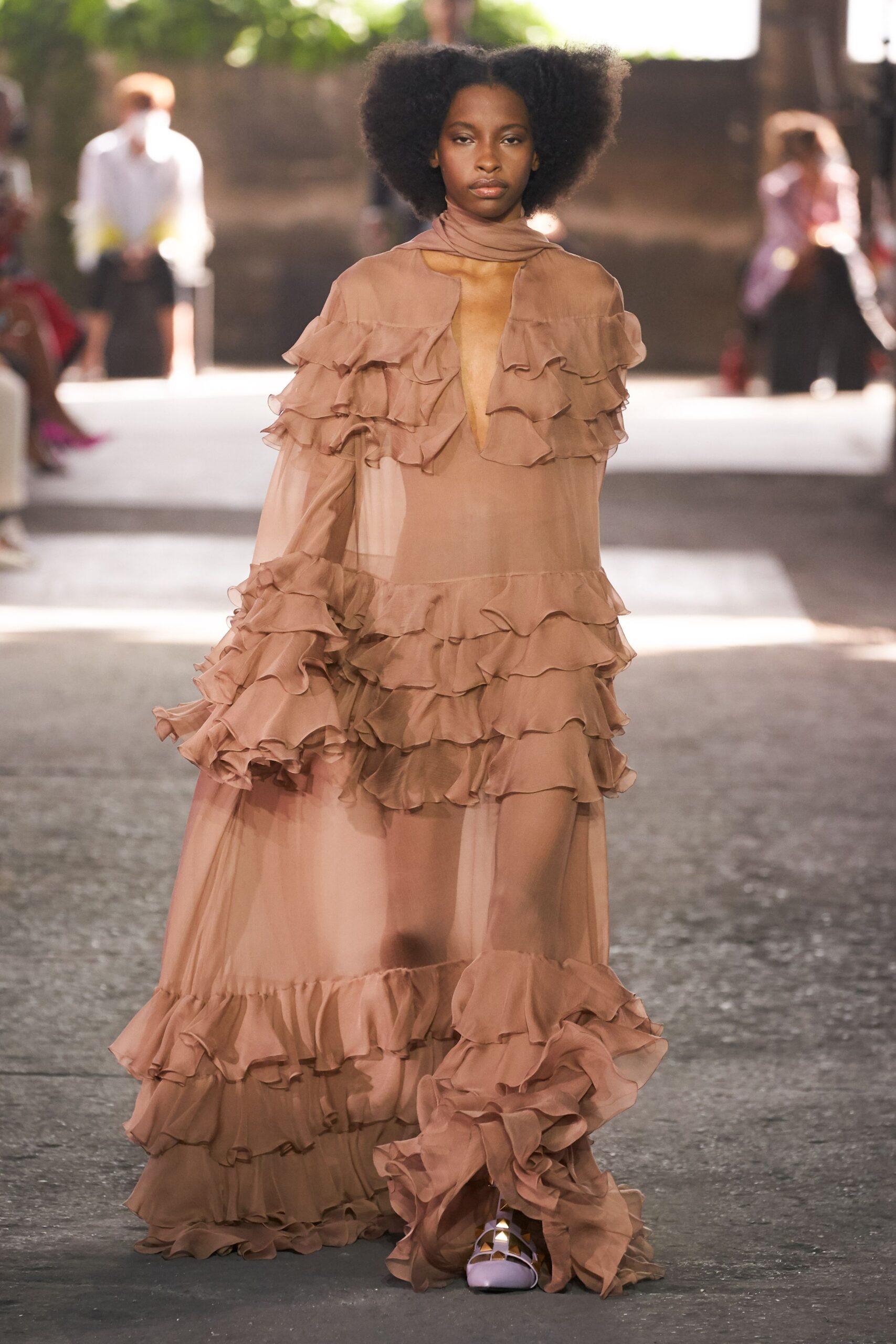 beige chiffon long-sleeve v-neck fitted ruffled flowing gown