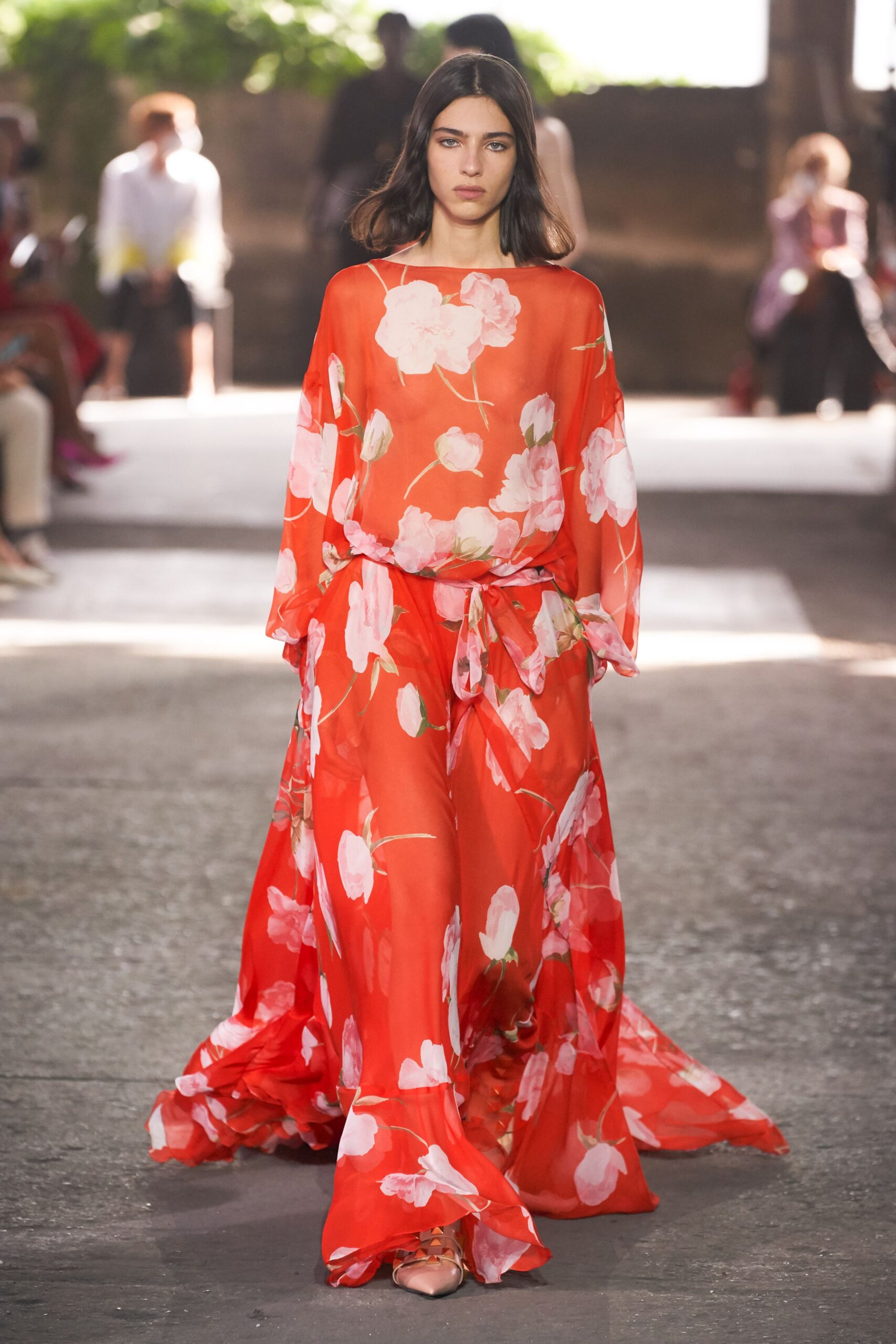 red chiffon long-sleeve v-neck relaxed floral tiered gown