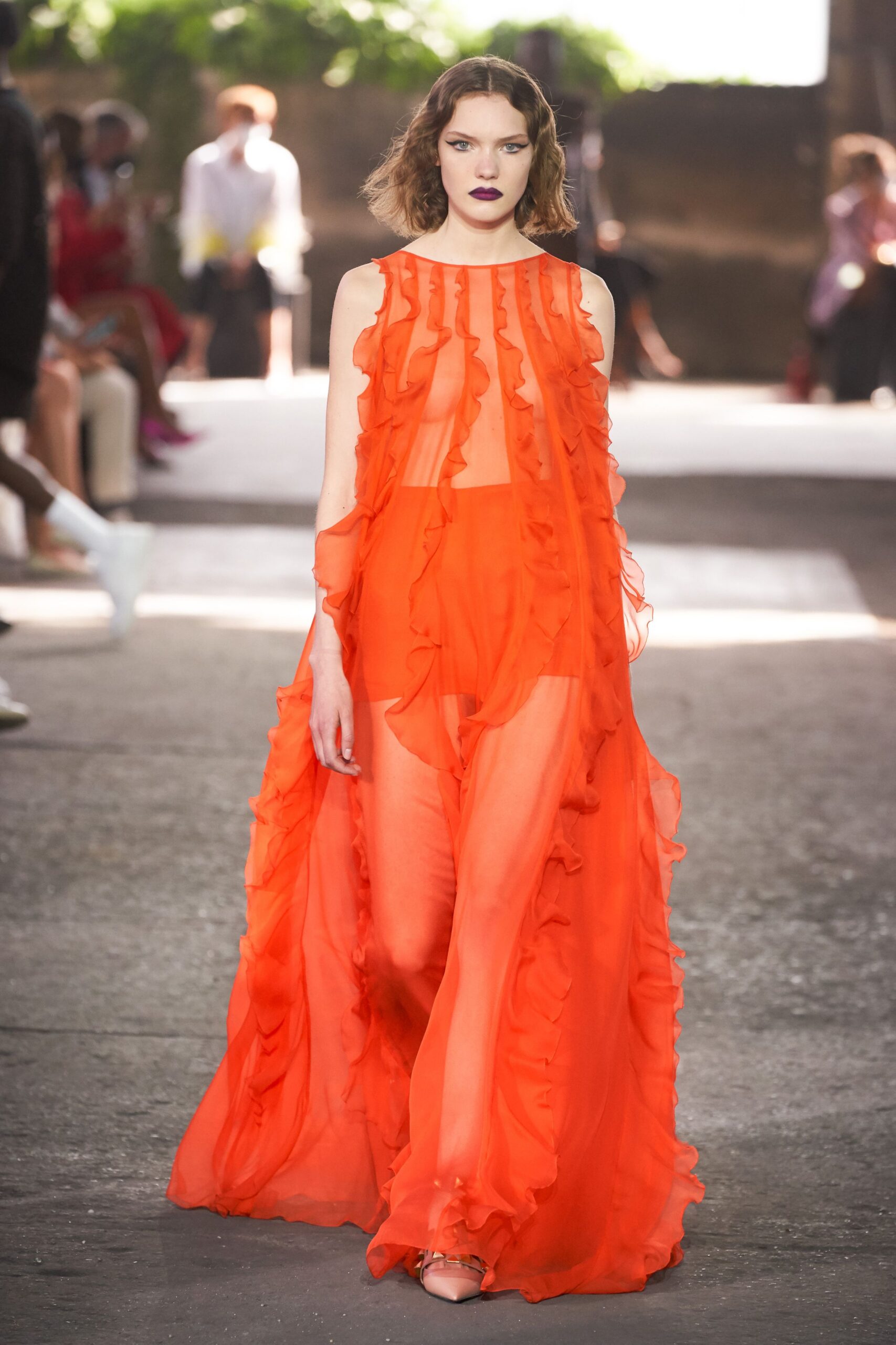 orange chiffon sleeveless v-neck fitted ruffled layered gown