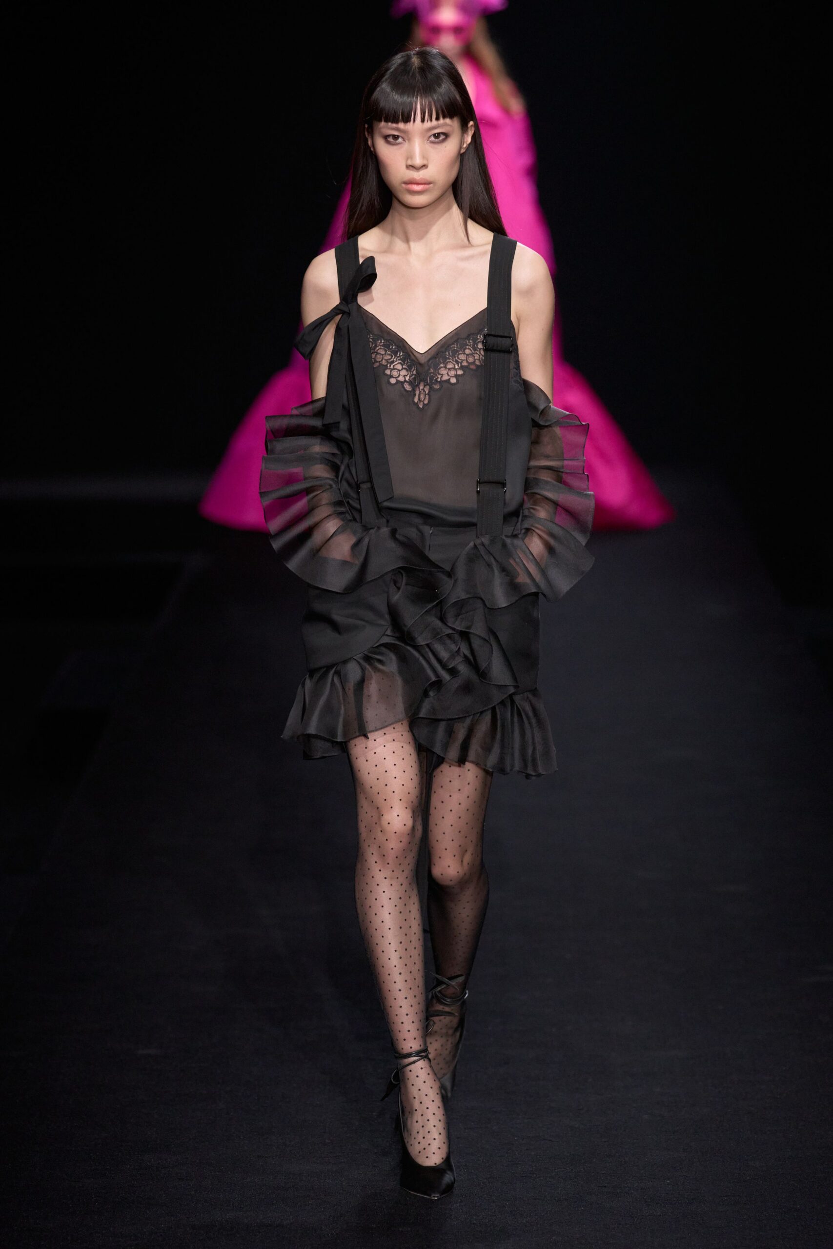 black silk sleeveless v-neck fitted ruffled layered dress