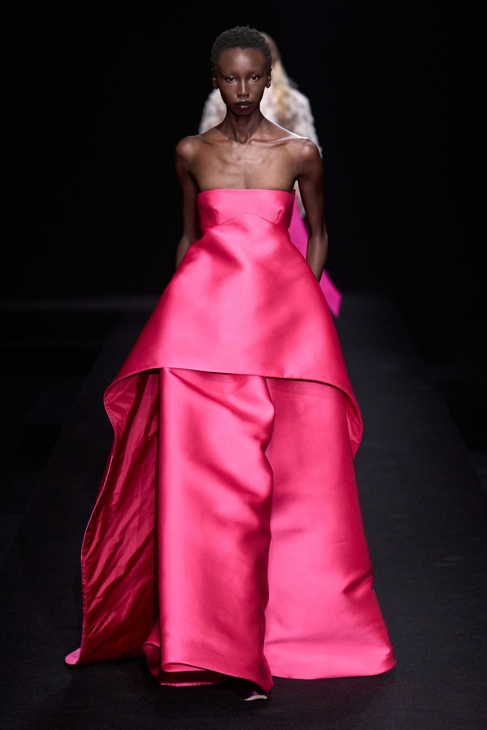 pink silk strapless gown