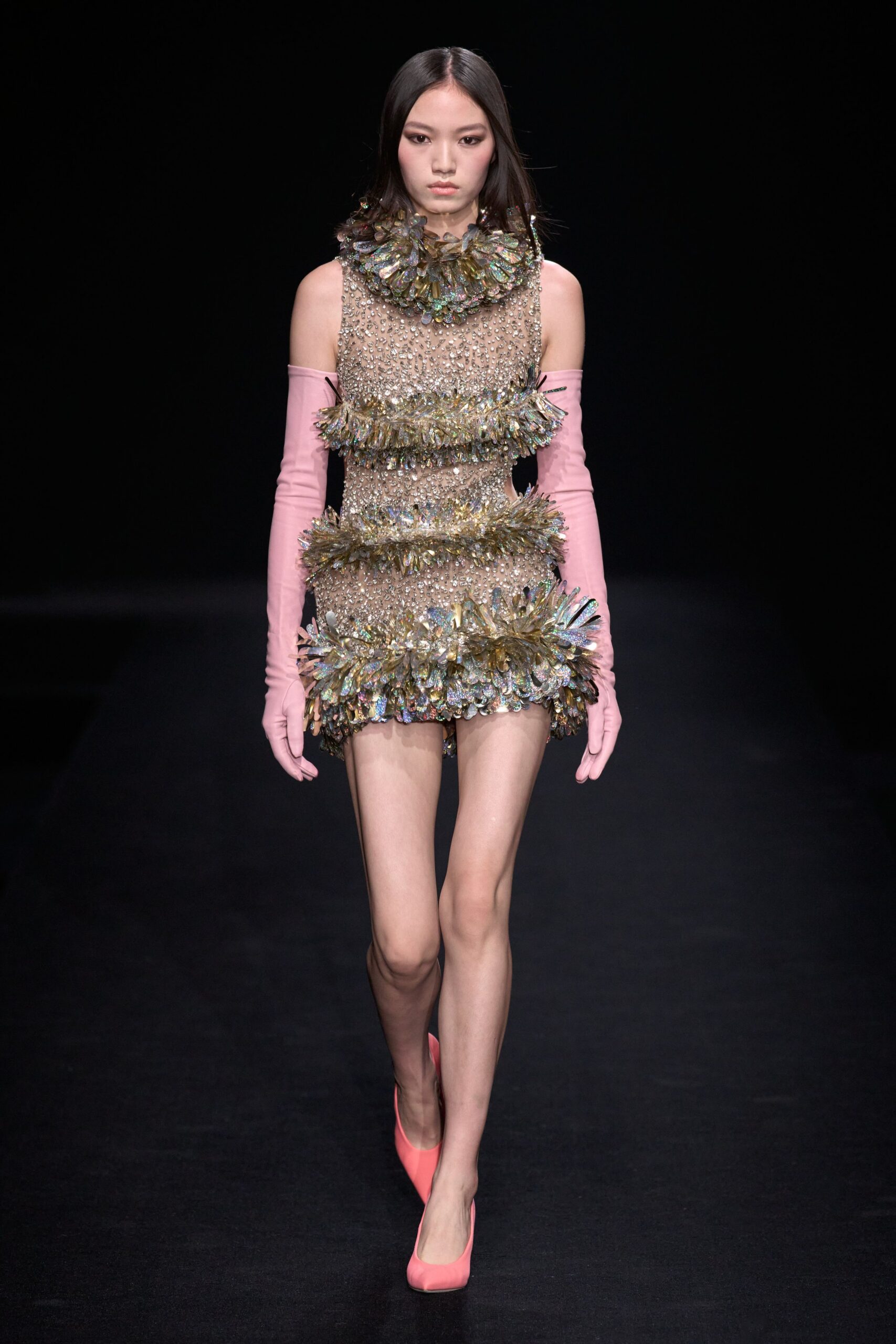 beige silk sleeveless high-neck fitted sequined ruffled dress