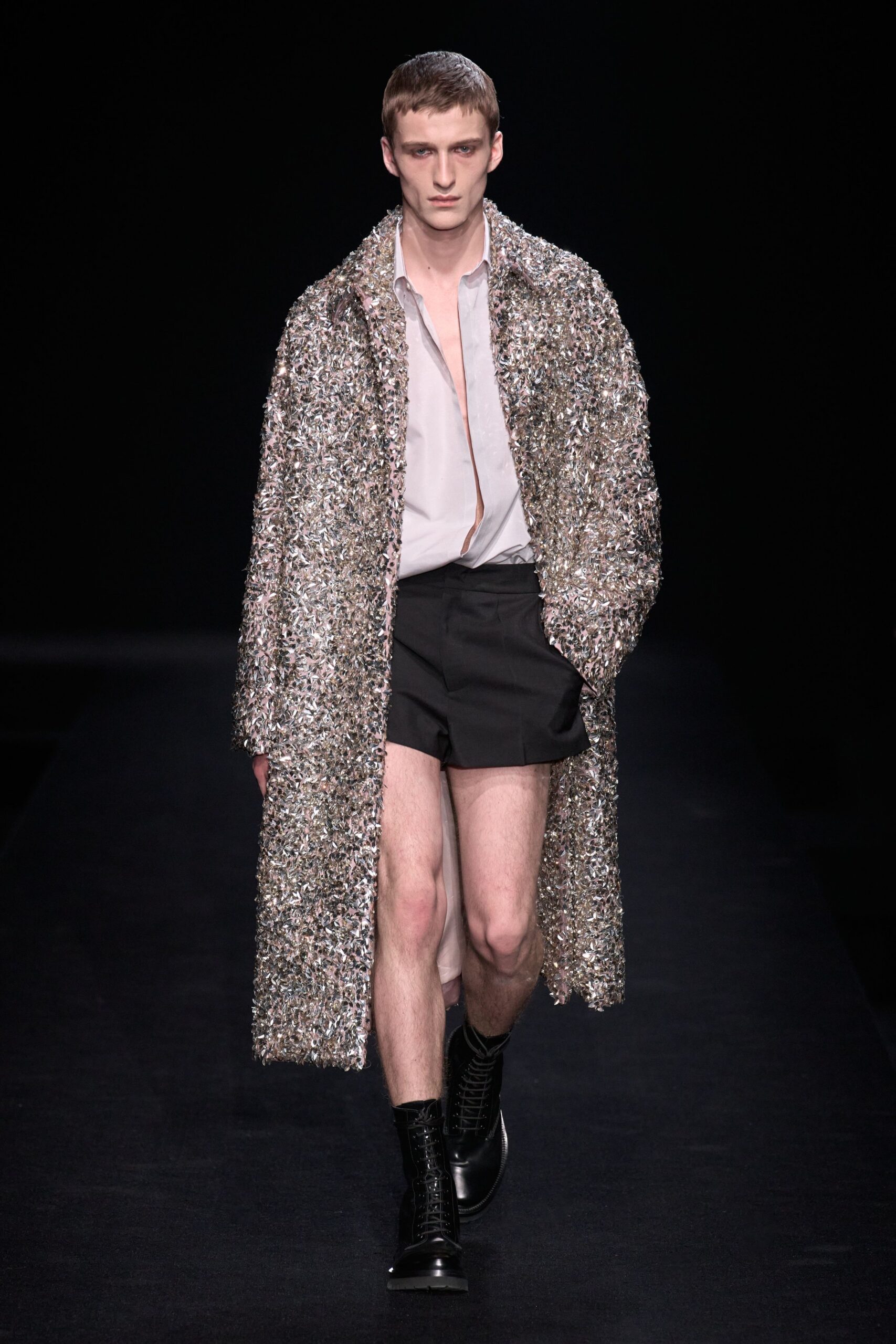 gray metallic relaxed layered shiny coat
