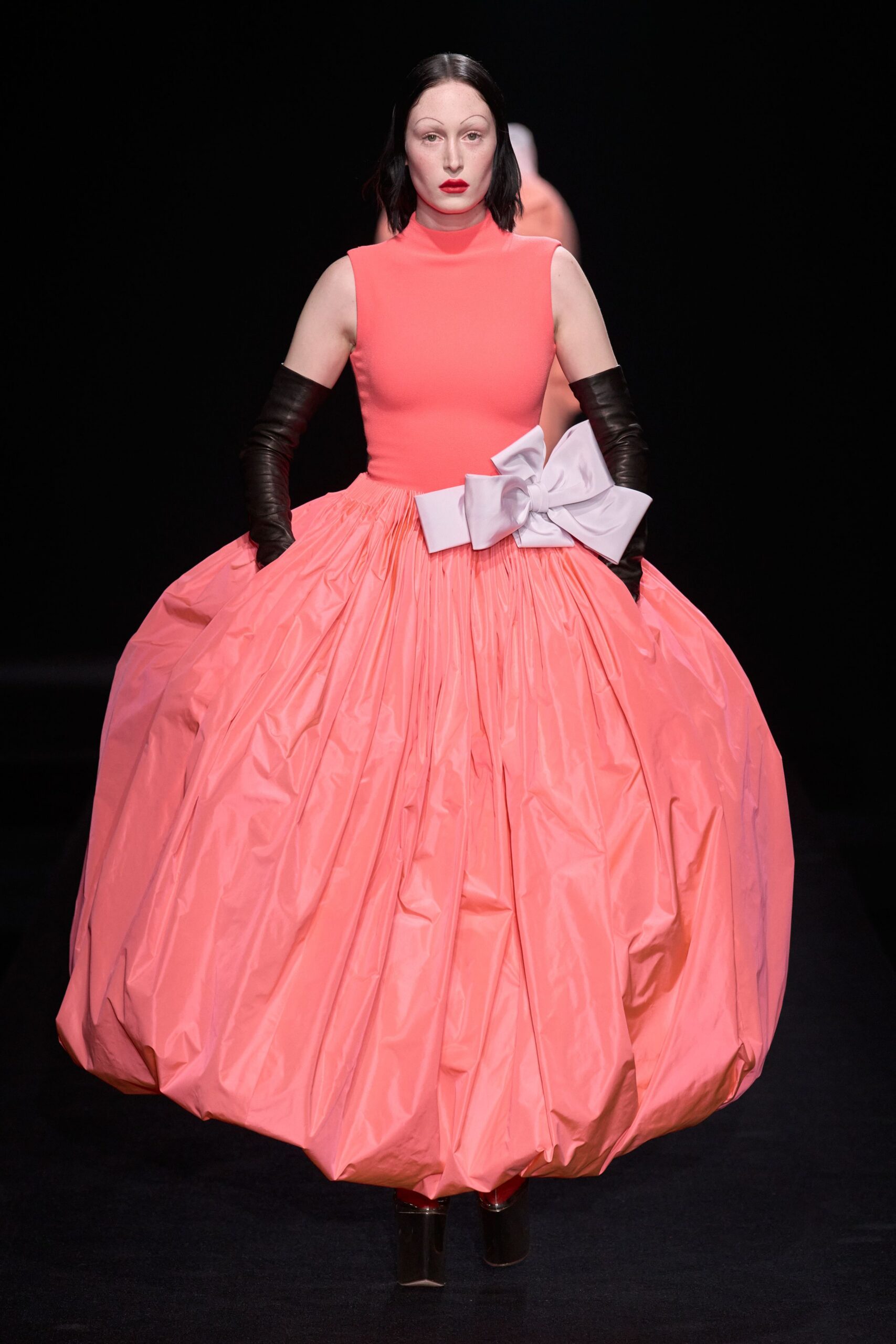 pink silk sleeveless high-neck fitted pleated tiered dress