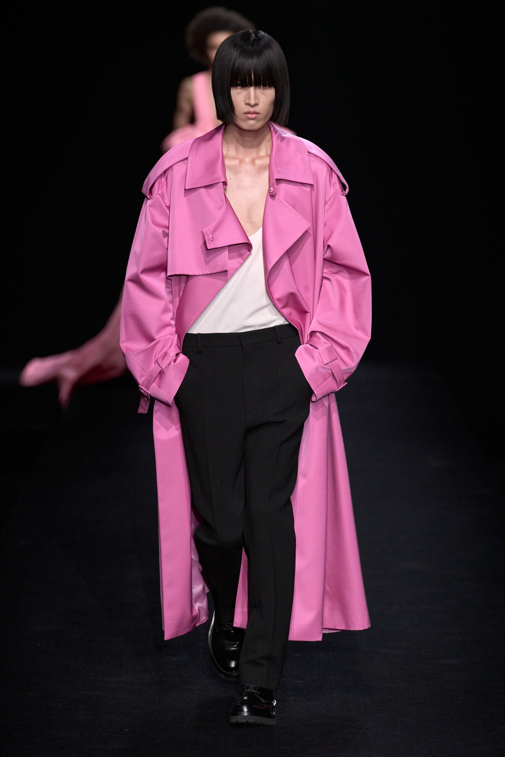 pink silk long-sleeve collared relaxed buttoned coat
