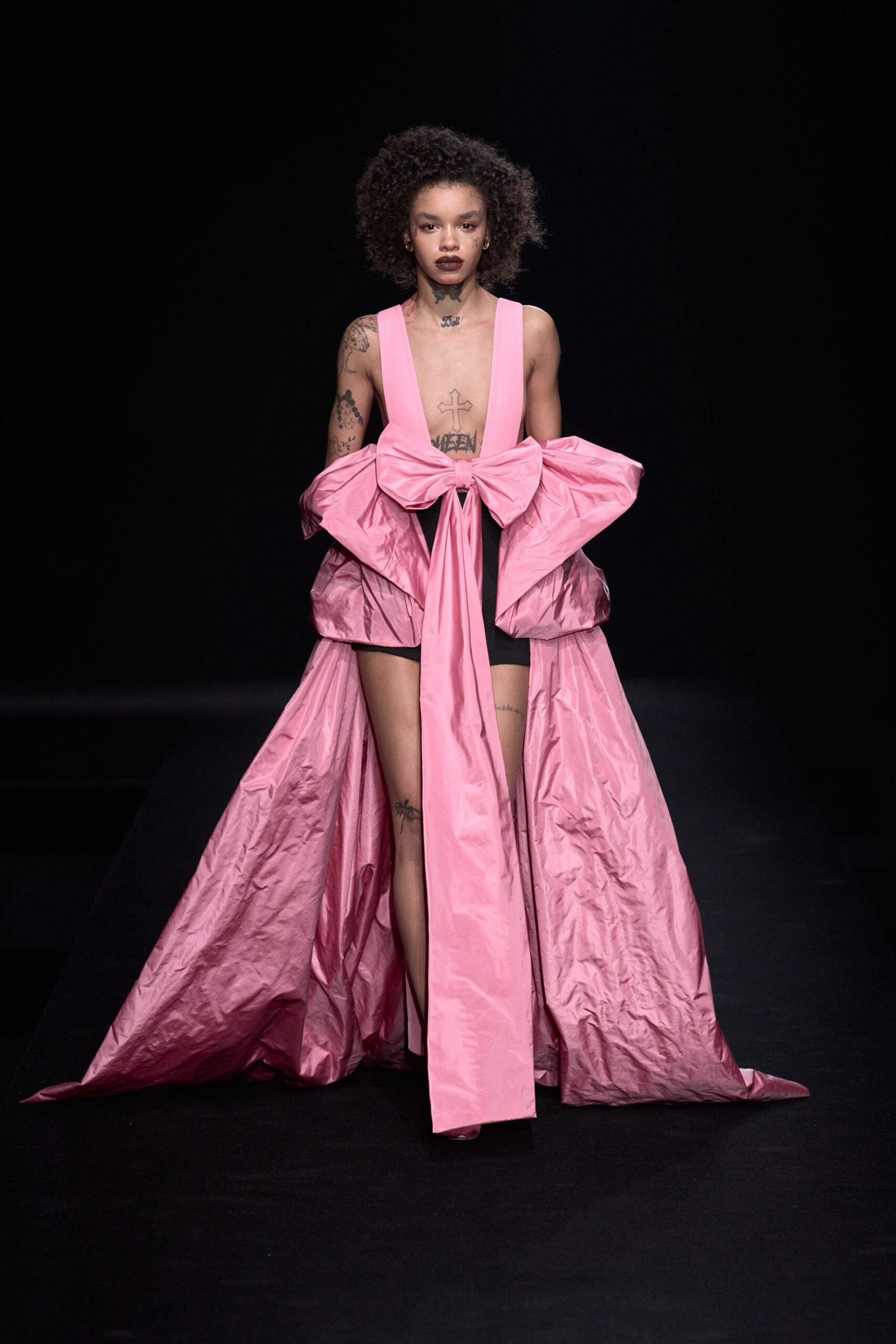 pink silk sleeveless v-neck fitted draped flowing gown
