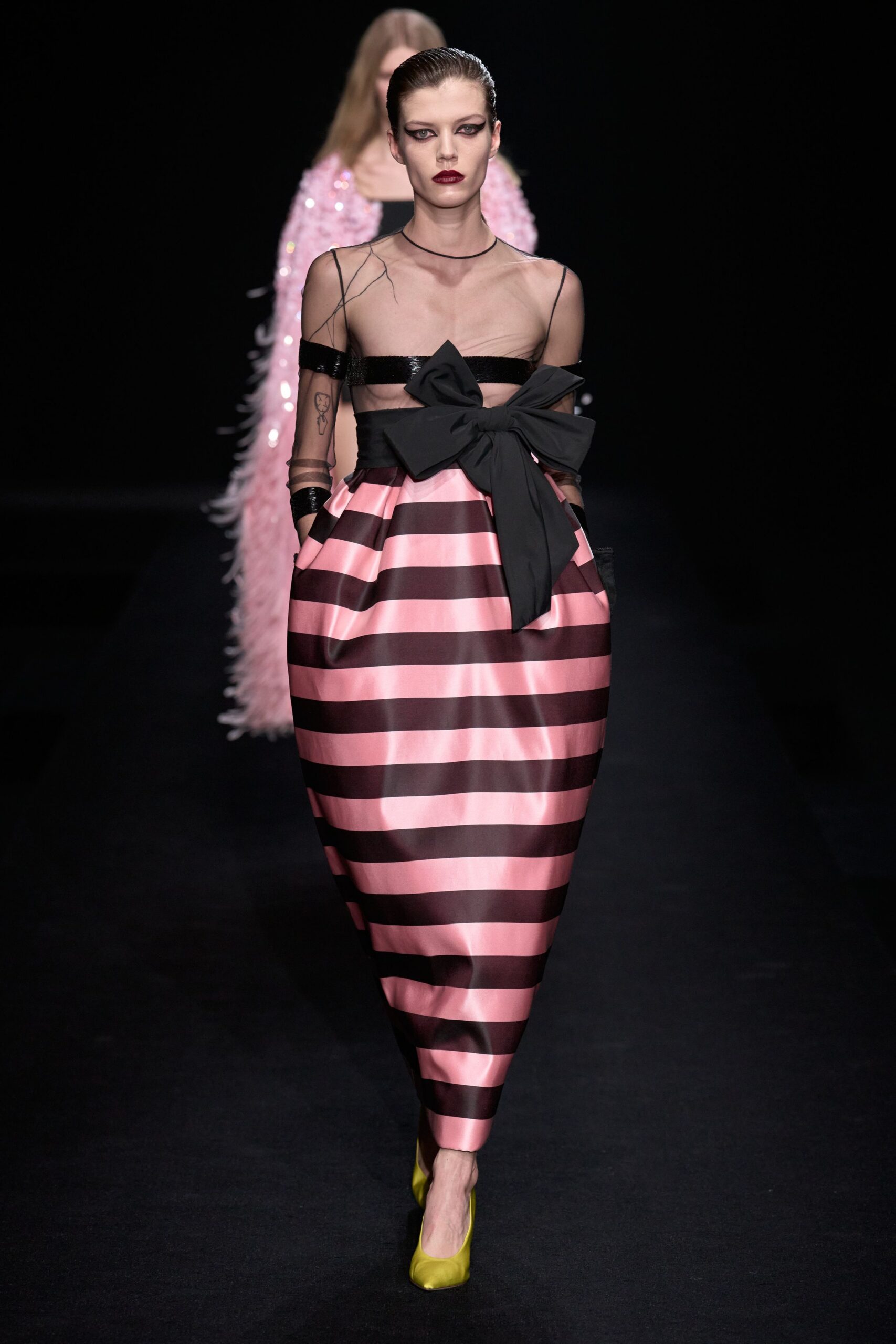 pink silk sleeveless v-neck fitted striped draped dress