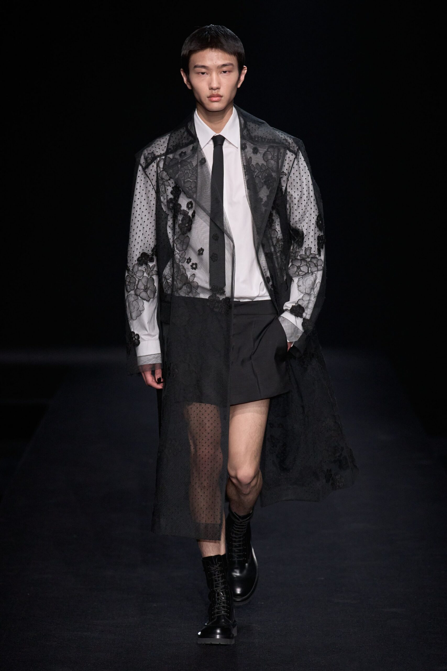 black mesh long-sleeve collared relaxed embroidered layered coat