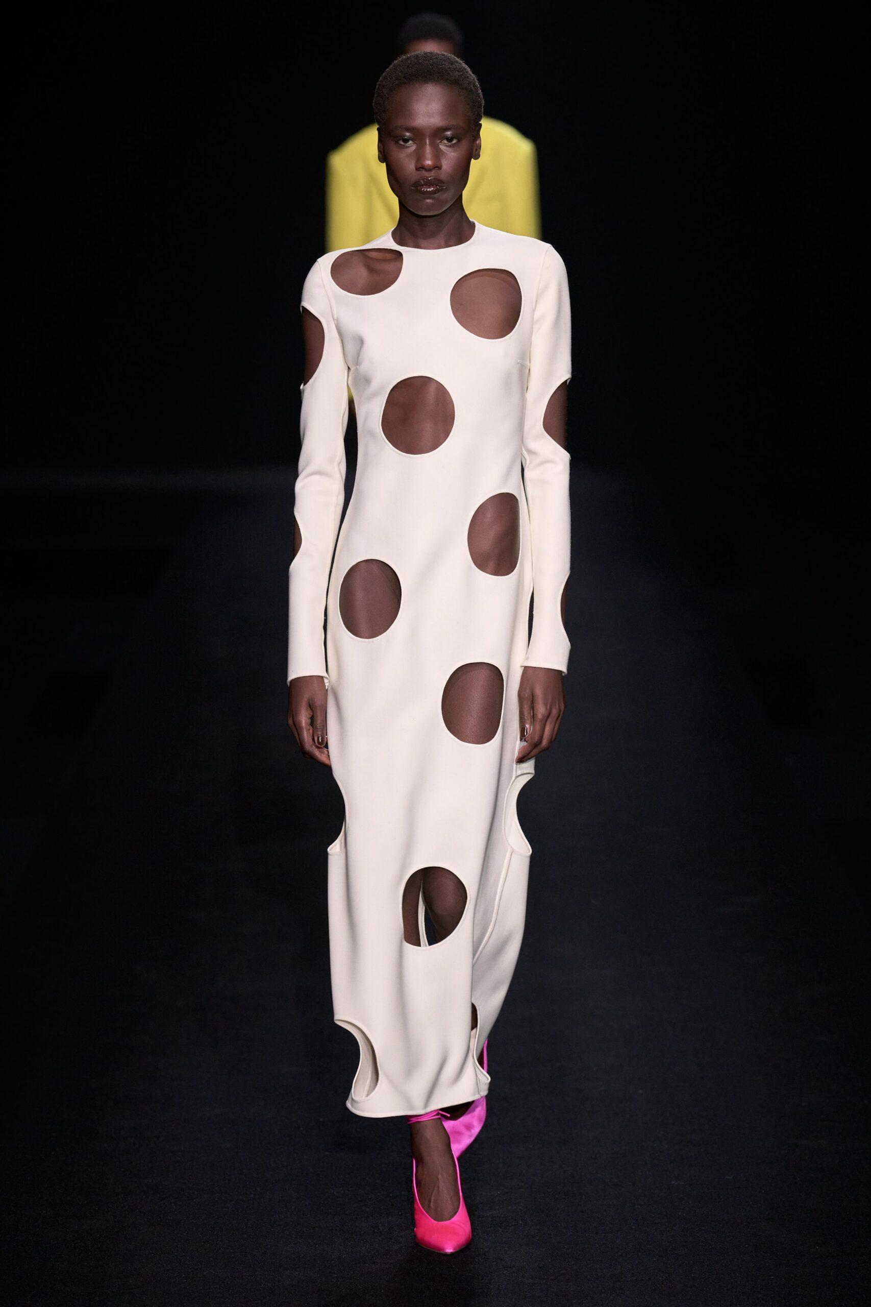white cotton long-sleeve high-neck fitted polka-dot maxi dress