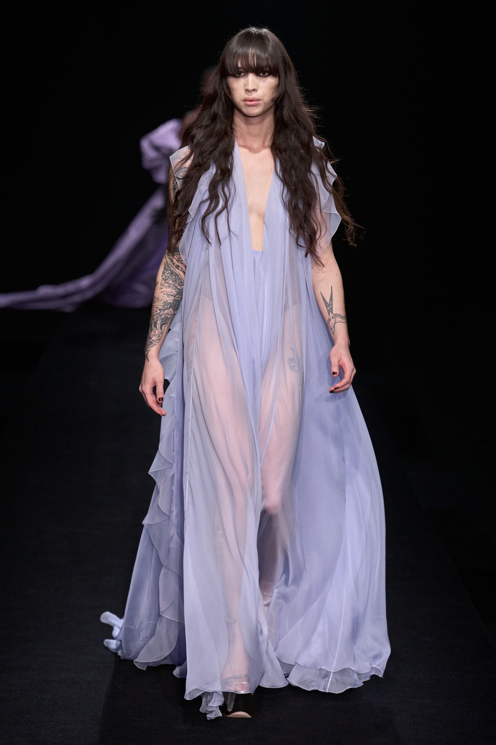 lavender chiffon sleeveless v-neck relaxed draped layered gown