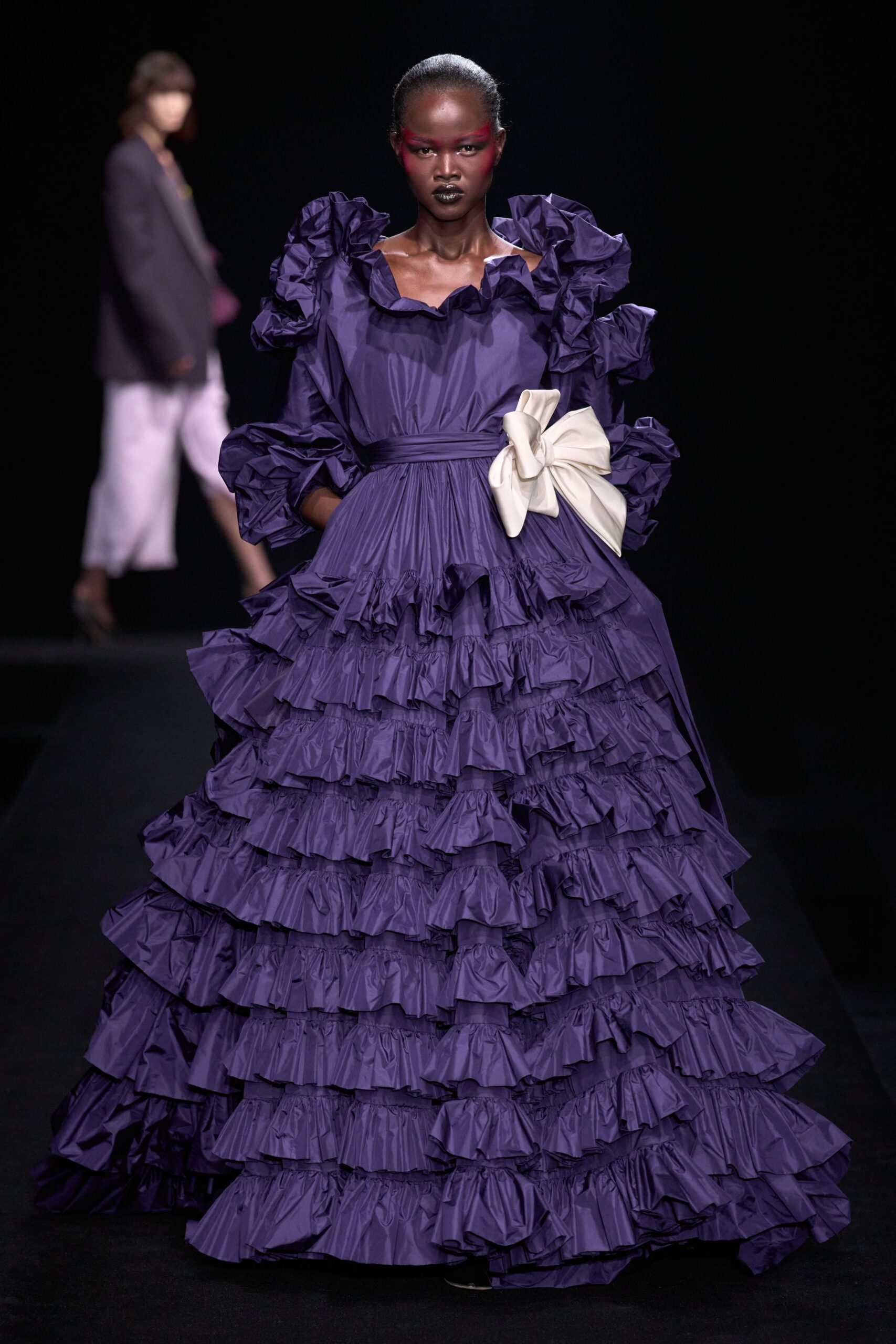 purple ruffled maxi gown