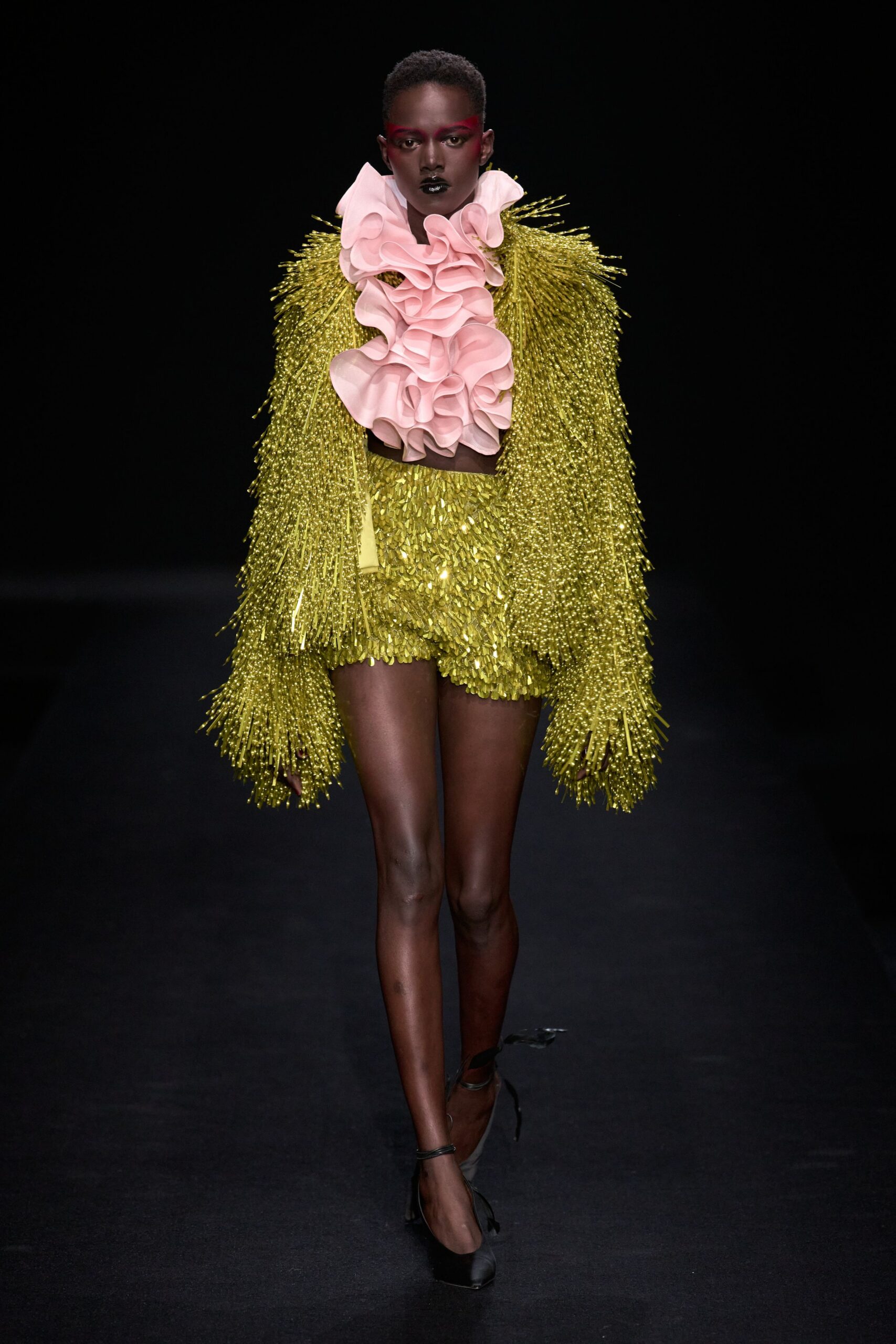 yellow silk long-sleeve fitted fringed jacket