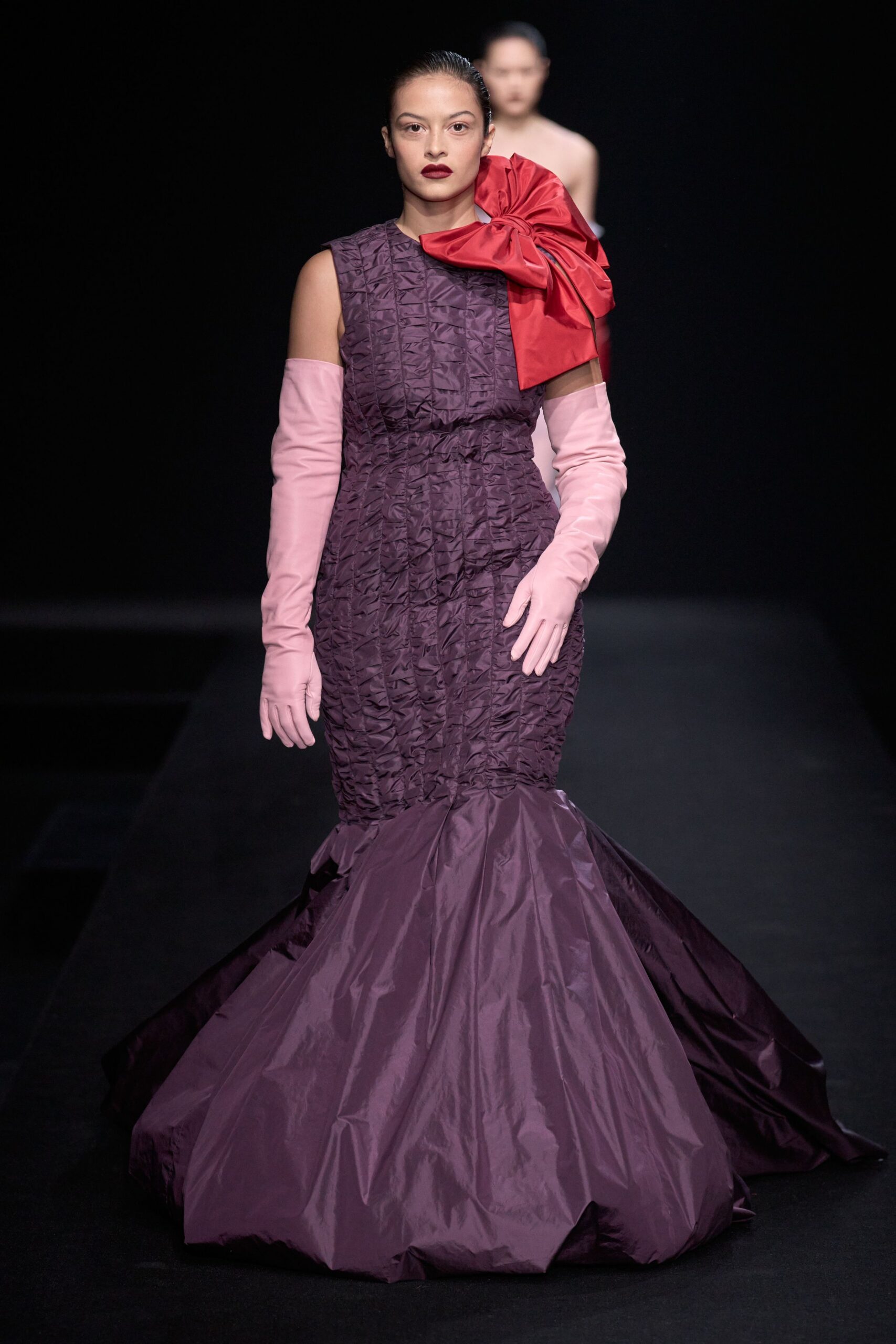 purple silk sleeveless high-neck fitted pleated tiered gown