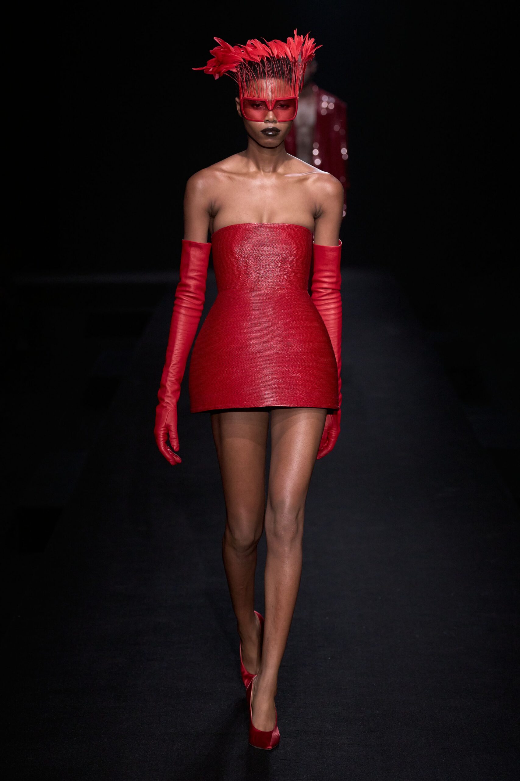 red leather strapless fitted straight-leg mini dress