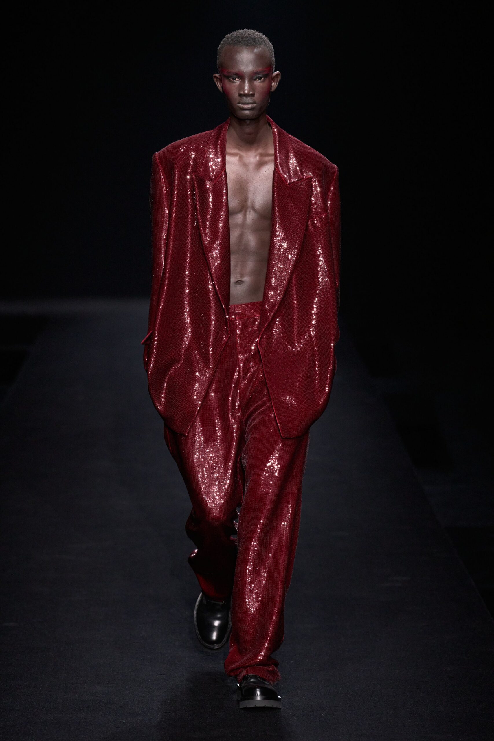 red sequin oversized shiny suit