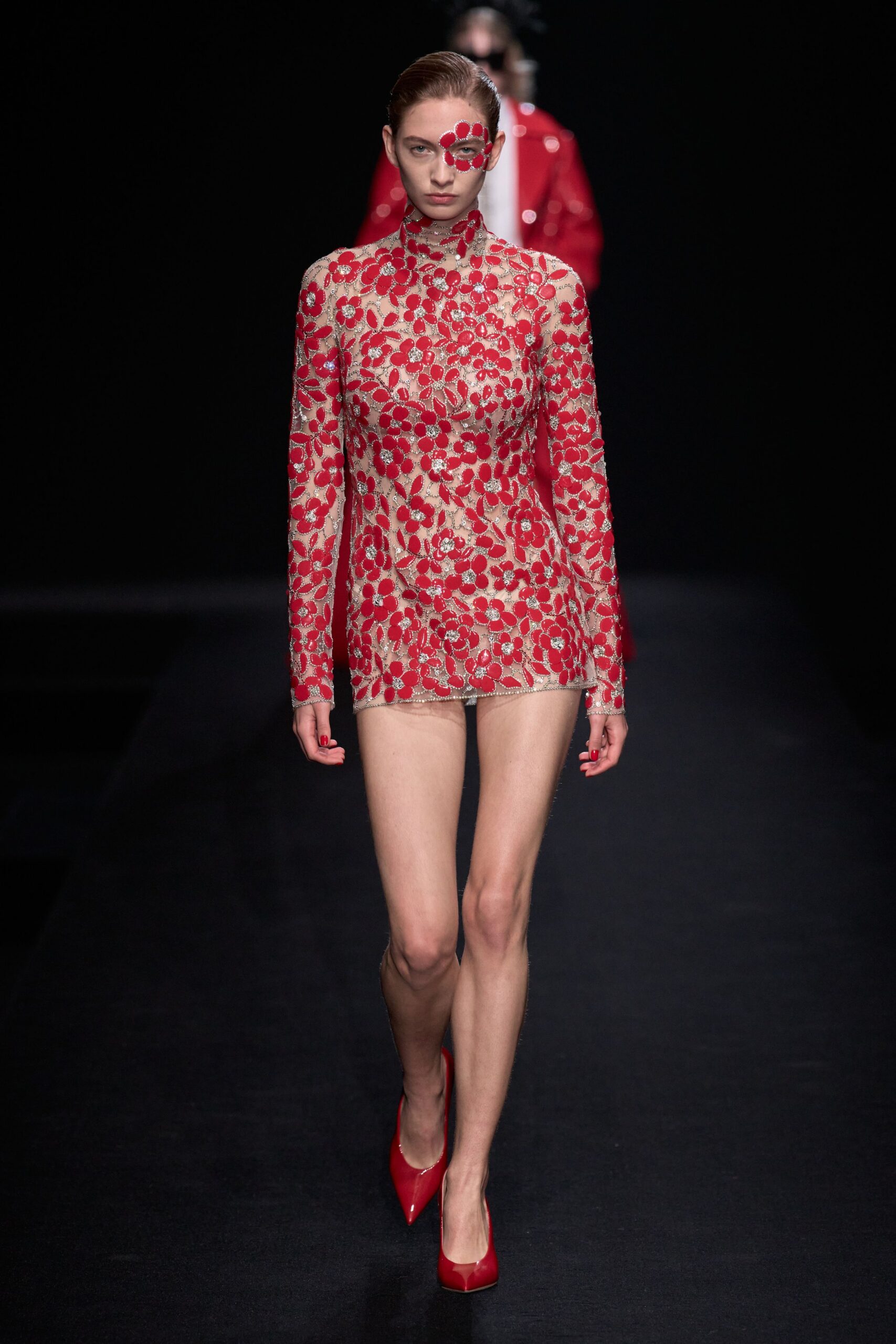 red lace long-sleeve high-neck fitted embroidered mini mini-dress