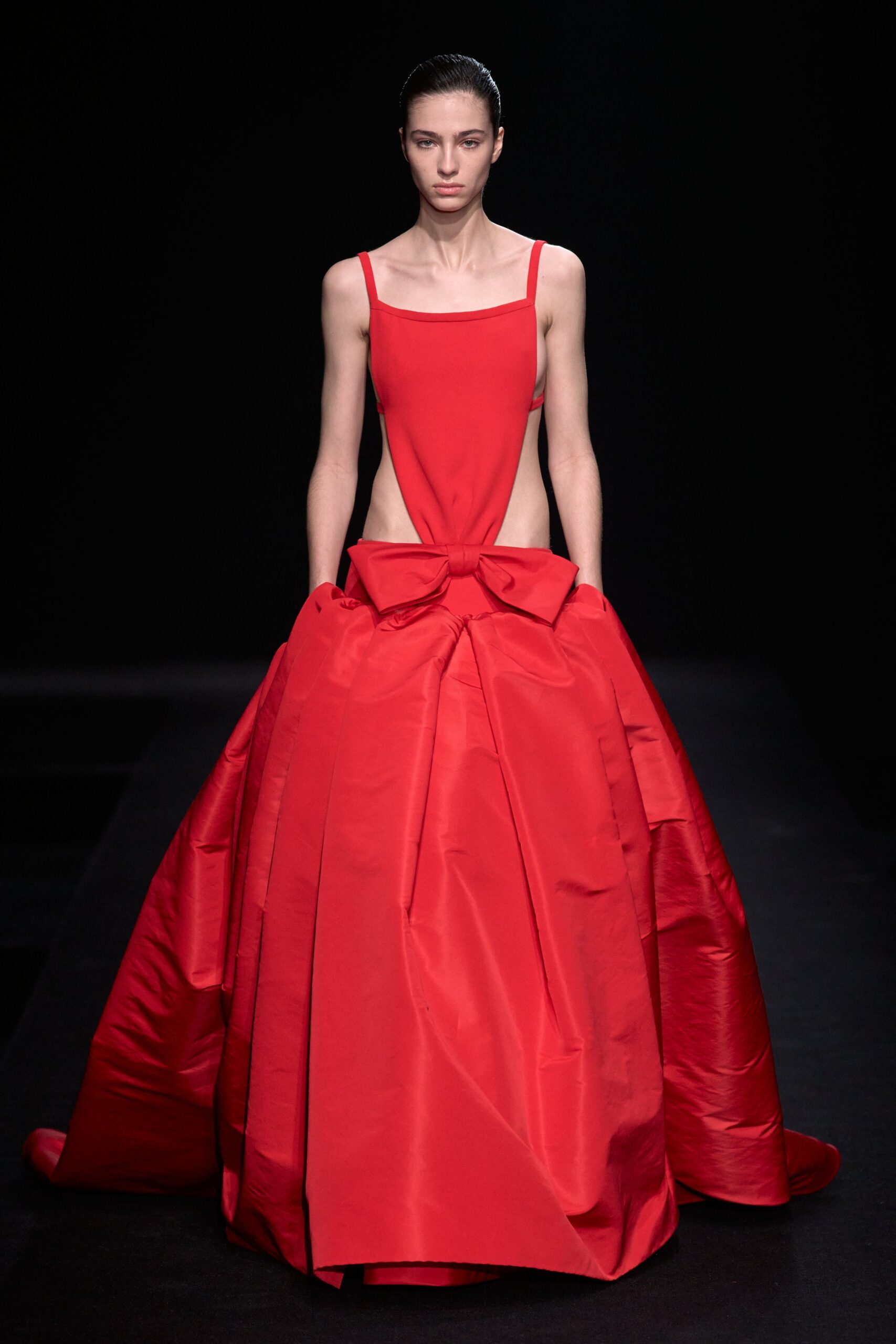 red silk sleeveless gown