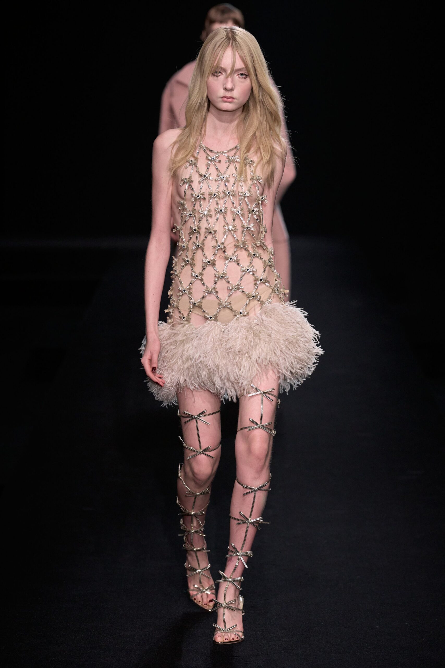 beige silk sleeveless high-neck fitted fringed sheer dress