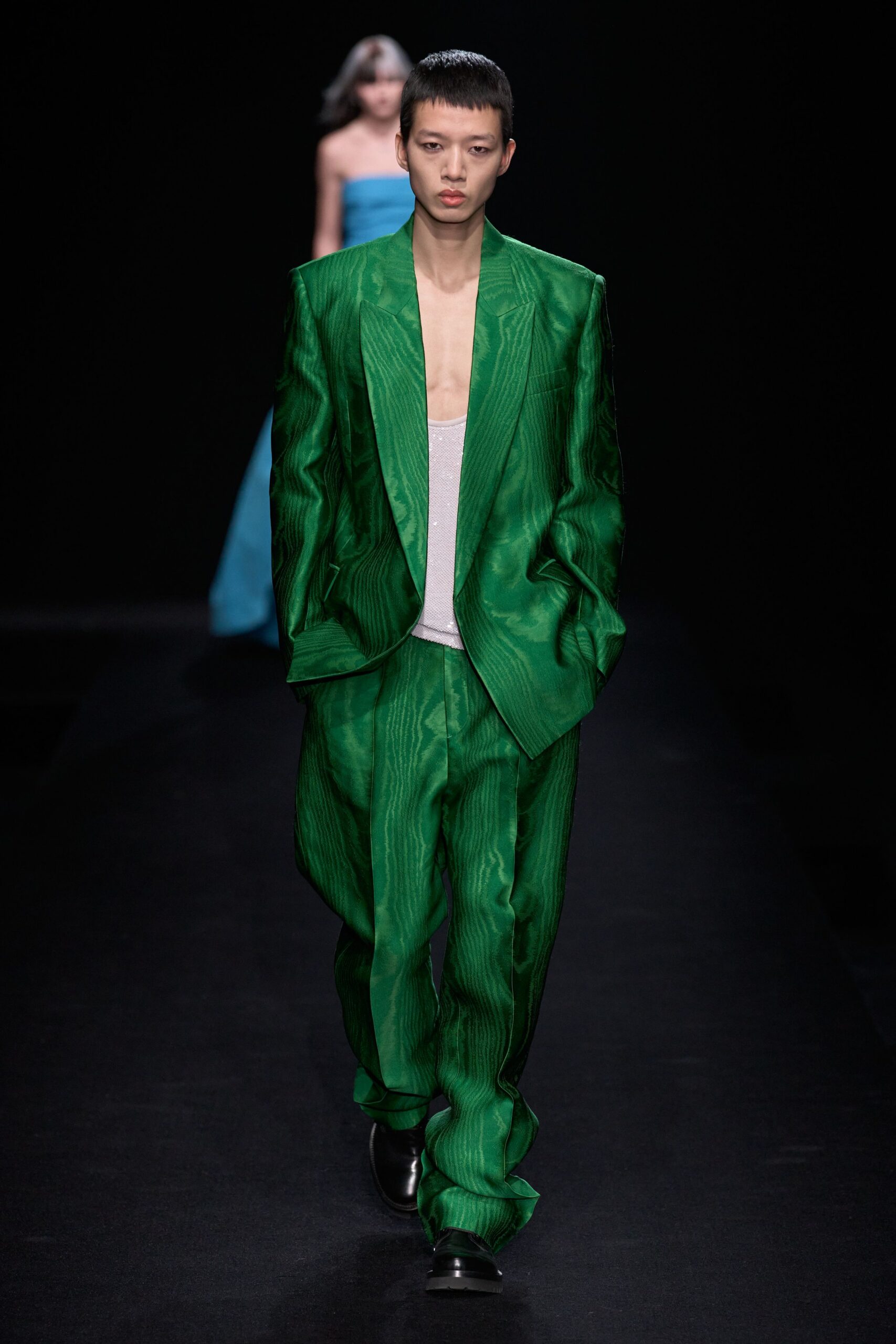 green silk relaxed pleated shiny suit