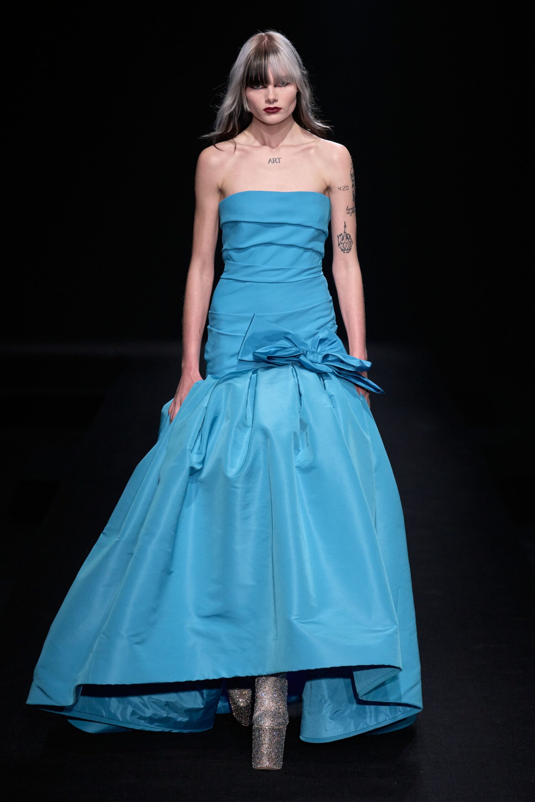 blue silk strapless fitted draped tiered flowing gown