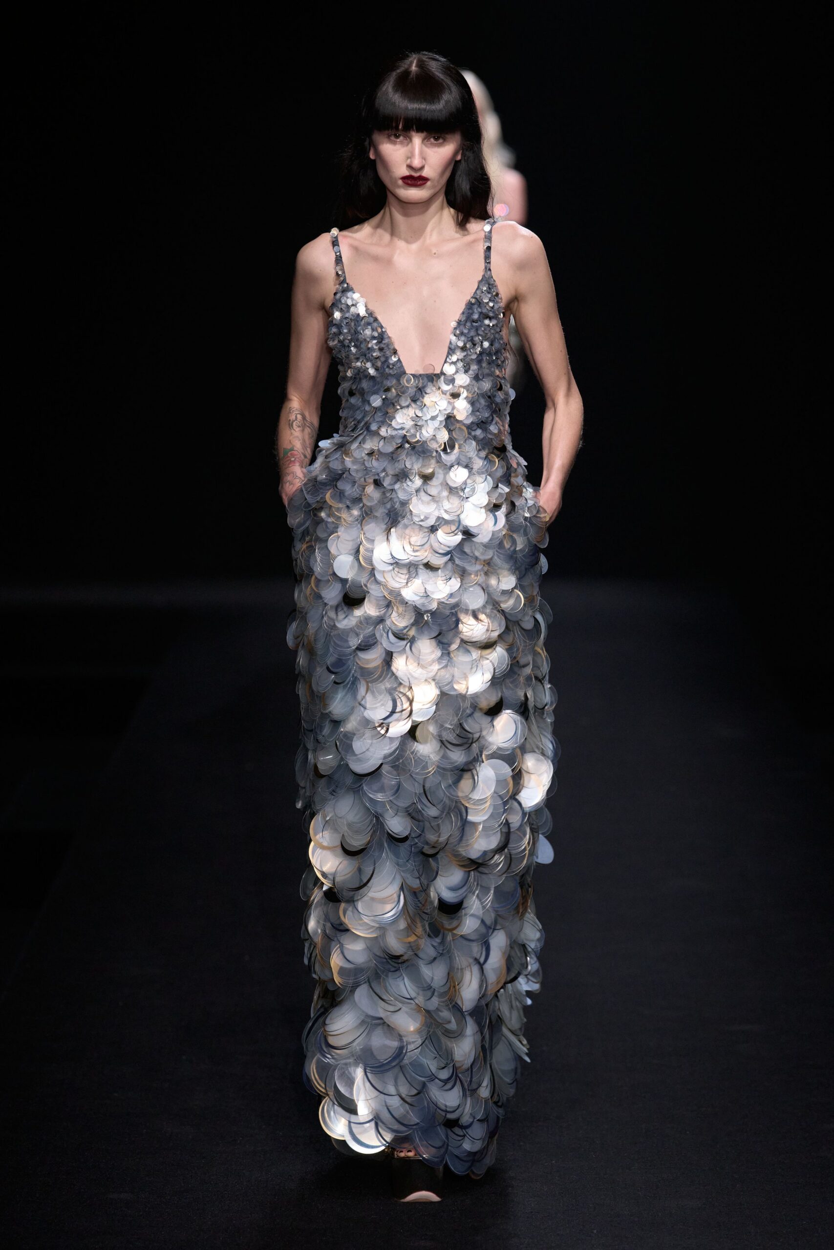 blue silver embellished gown