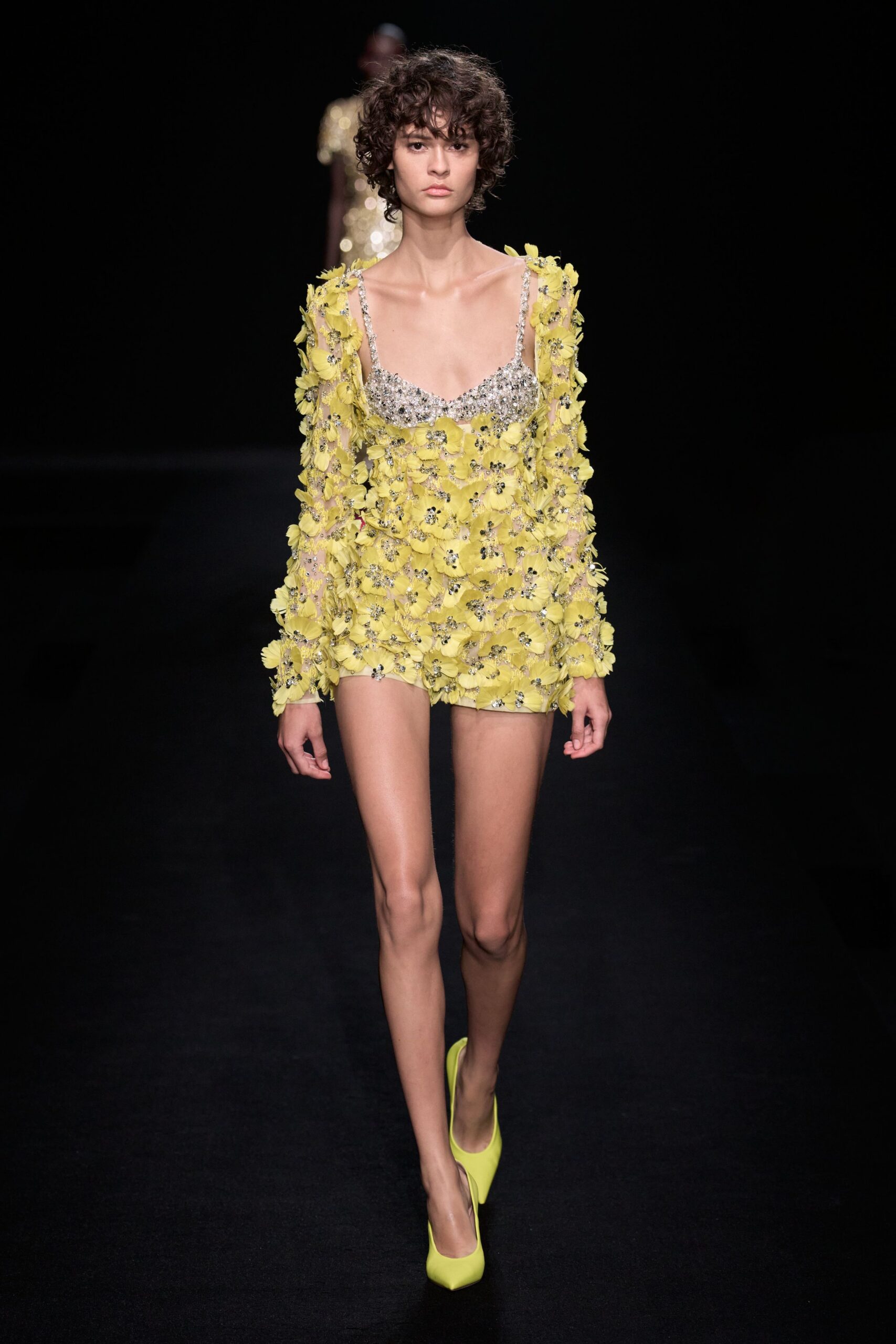 yellow silk long-sleeve v-neck fitted ruffled embellished mini-dress