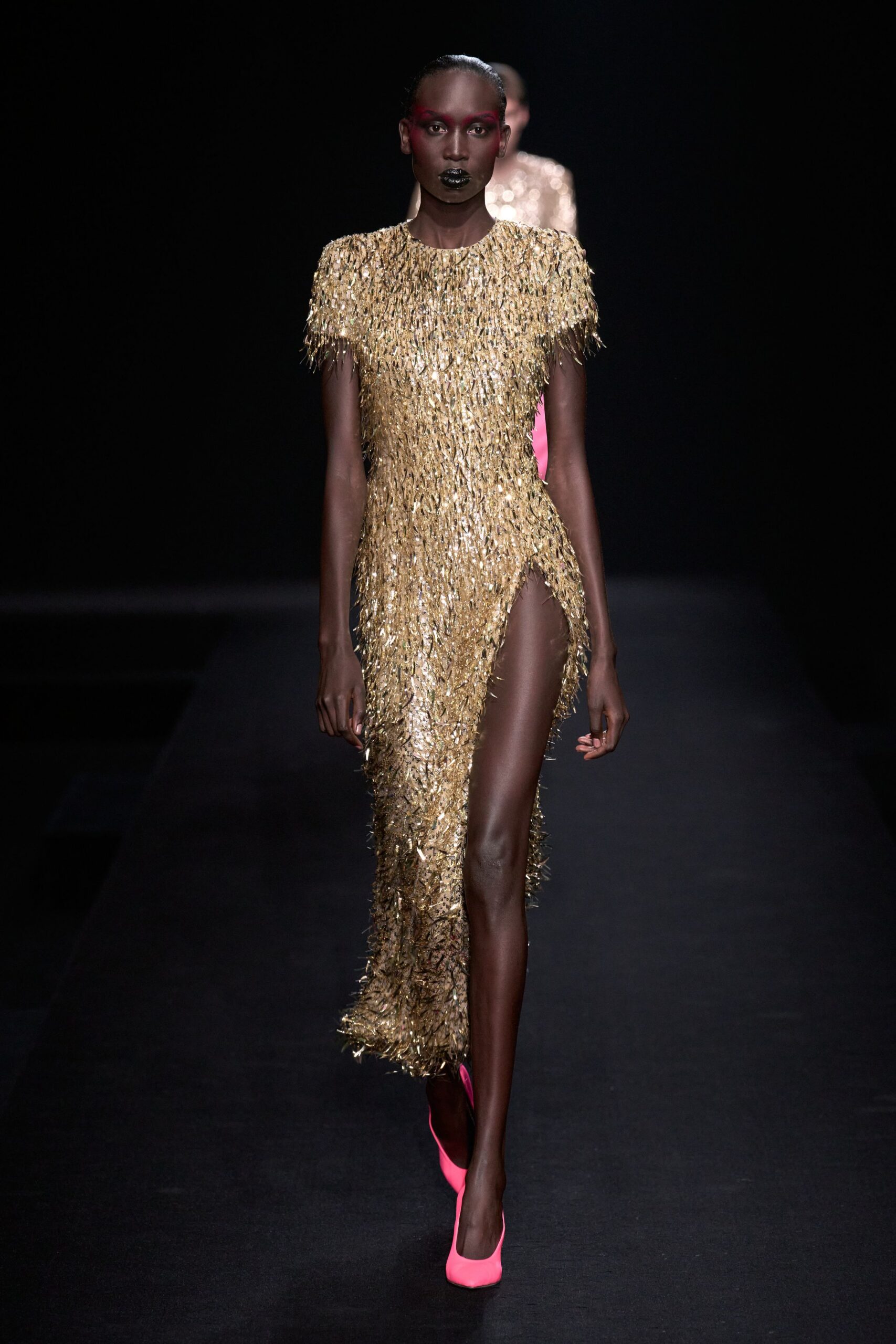 gold sequin sleeveless high-neck fitted fringed shiny dress