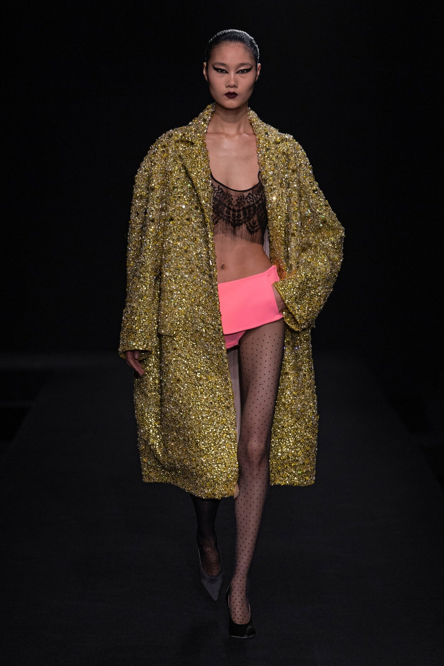 yellow sequin long-sleeve oversized layered shiny coat