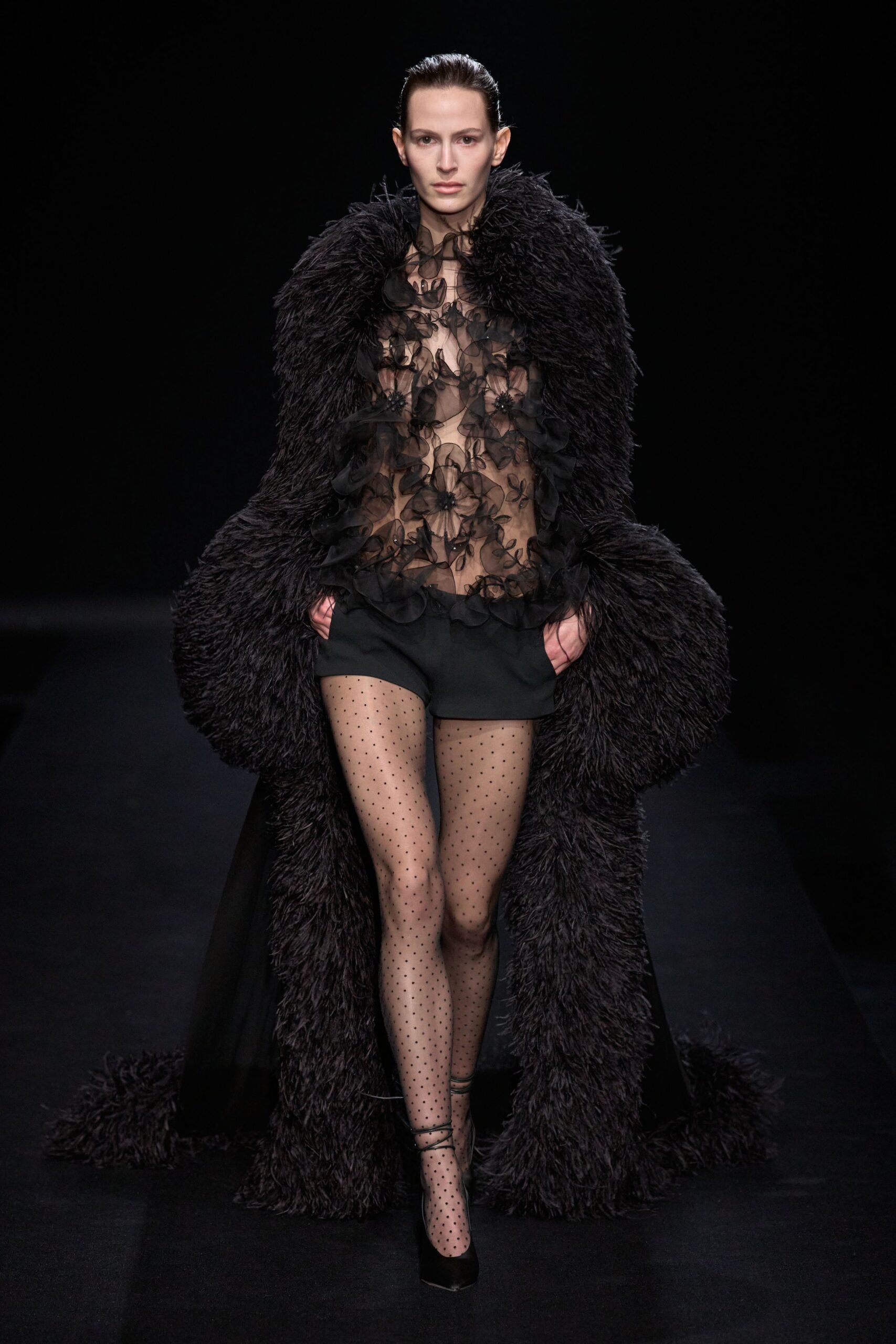 black fur oversized ruffled coat