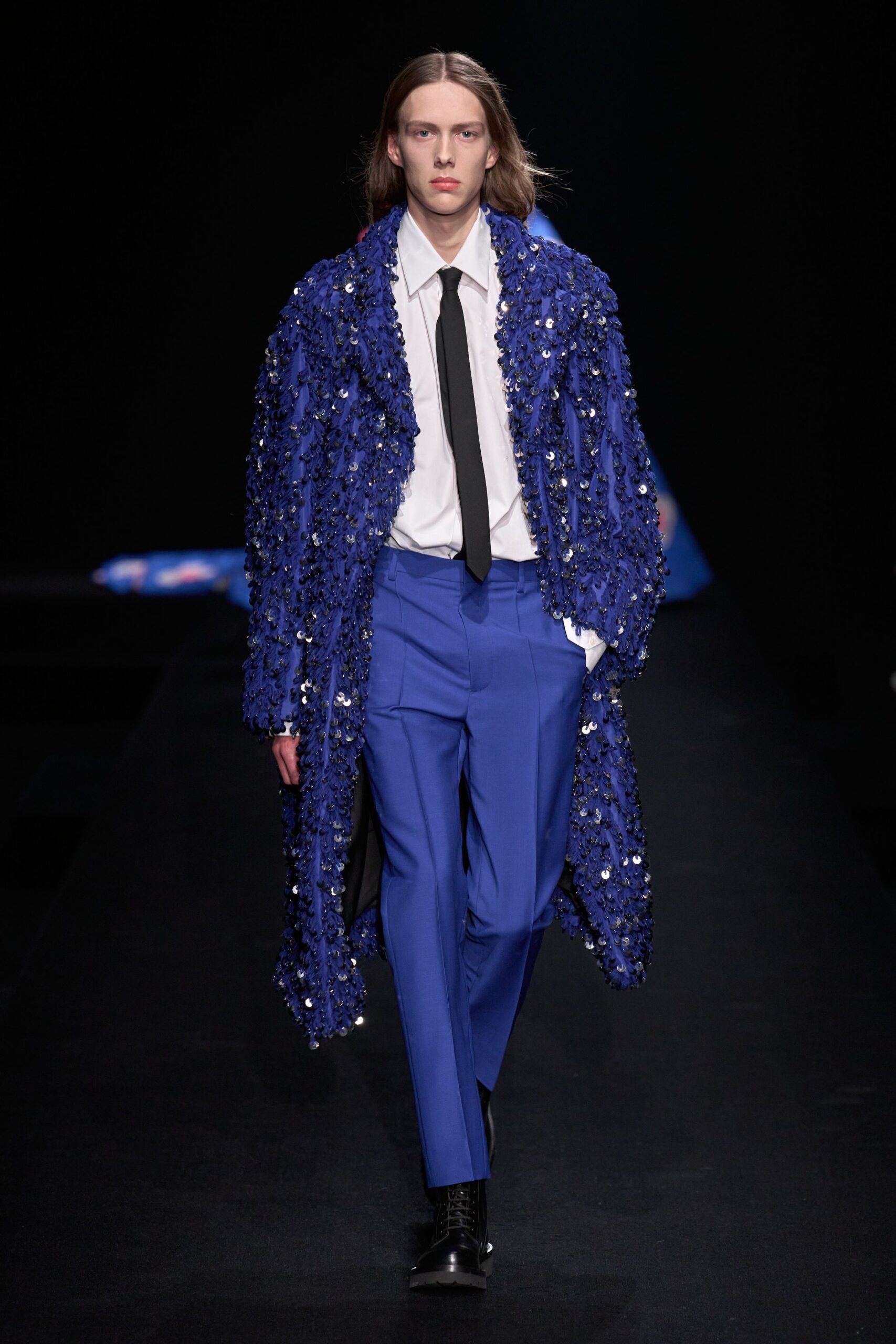 blue silk long-sleeve relaxed sequined shiny coat