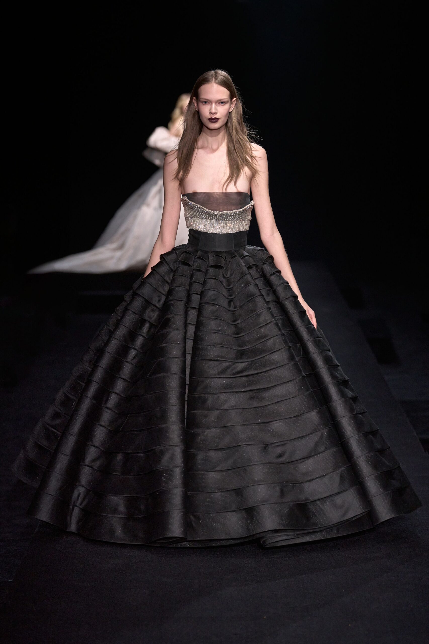 black silk strapless gown