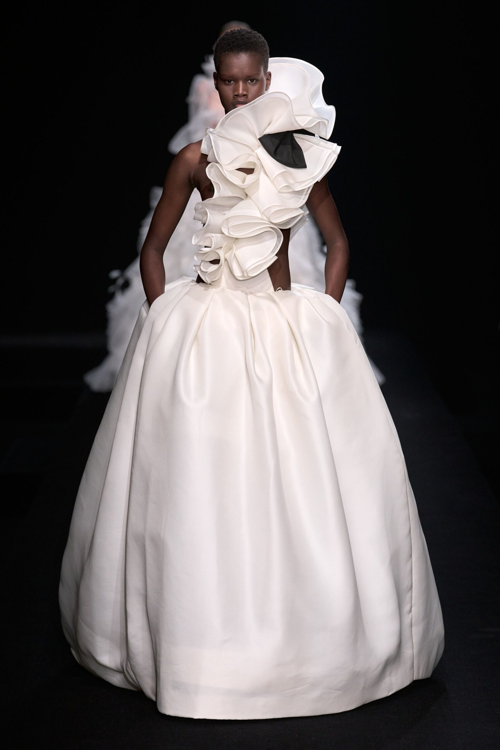 white silk off-shoulder gown