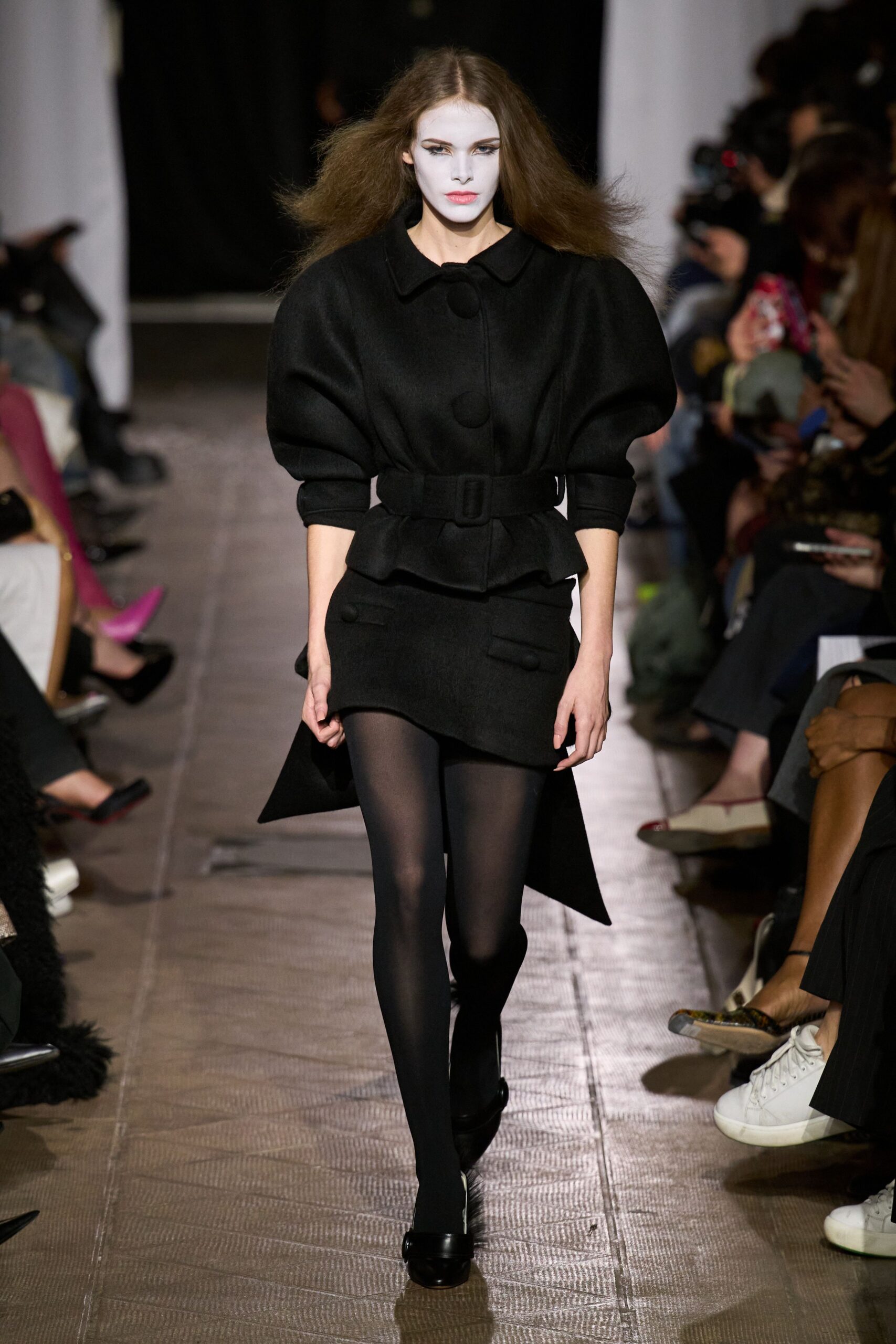 black wool long-sleeve collared fitted belted pleated dress