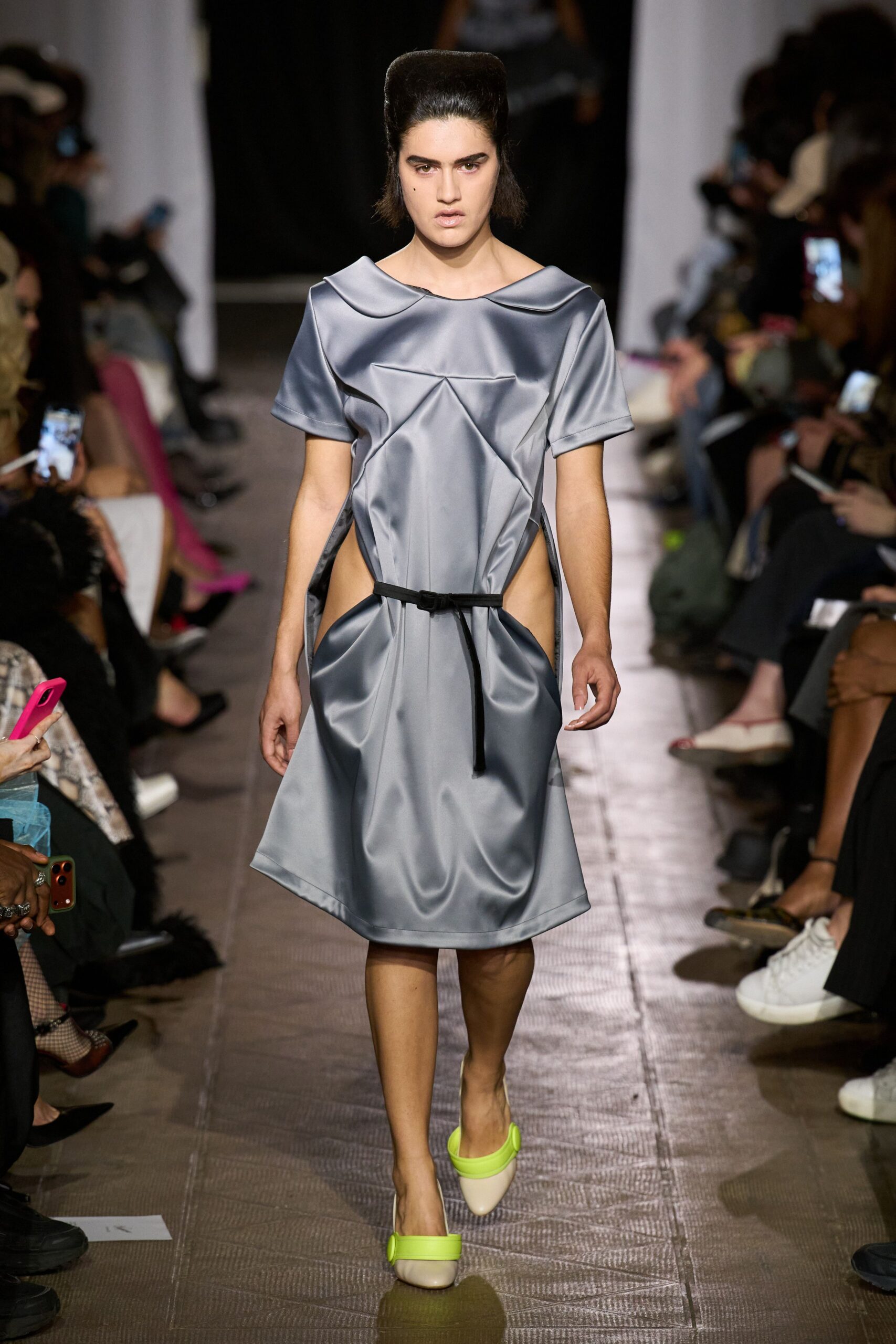 gray satin sleeveless high-neck relaxed draped belted dress