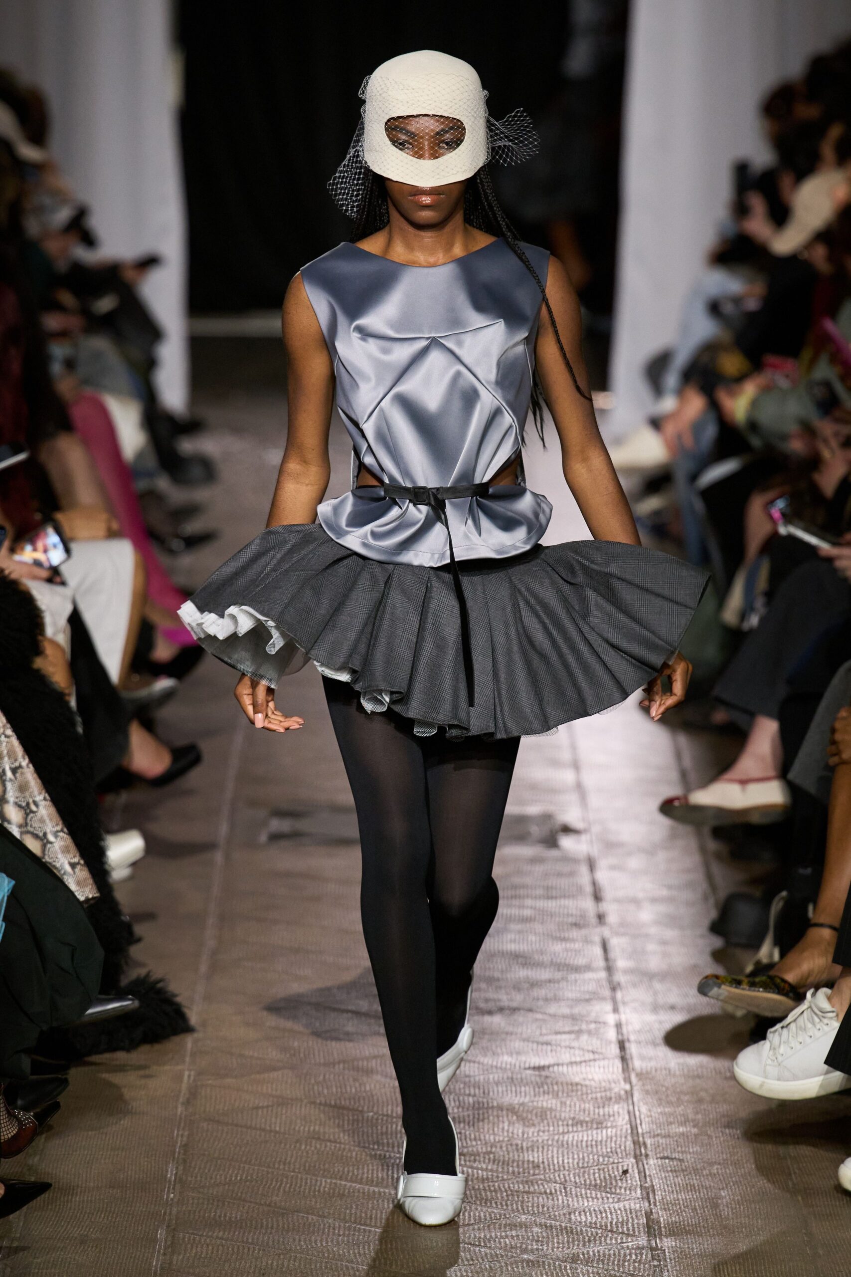gray silk sleeveless v-neck fitted draped top