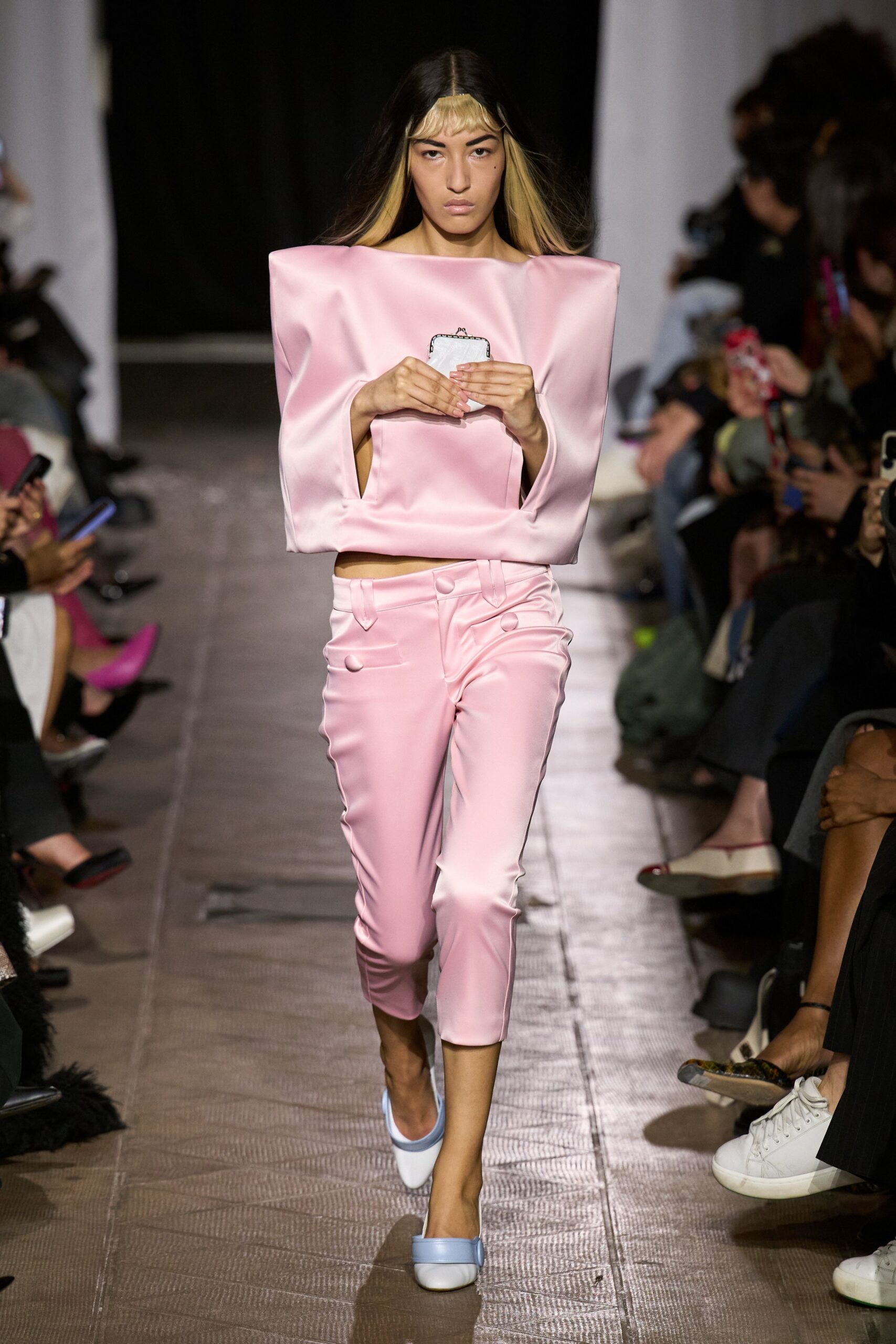 pink silk fitted straight-leg pants