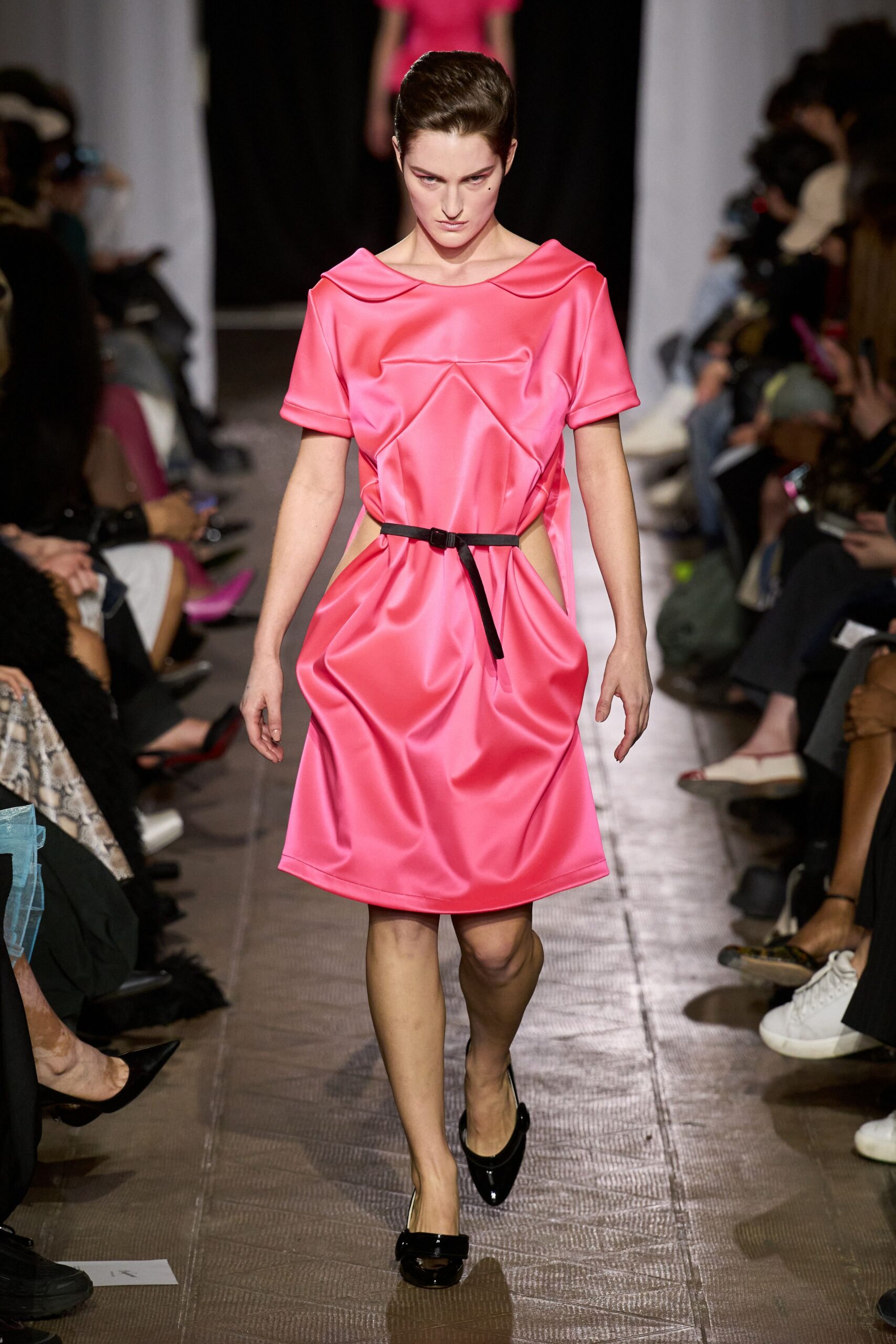 pink satin short-sleeve square-neck relaxed belted draped dress