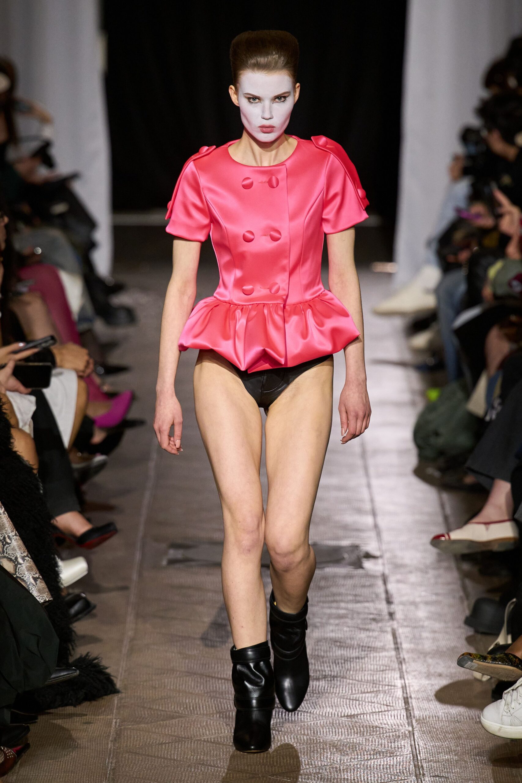 pink satin short-sleeve collared fitted buttoned flared top
