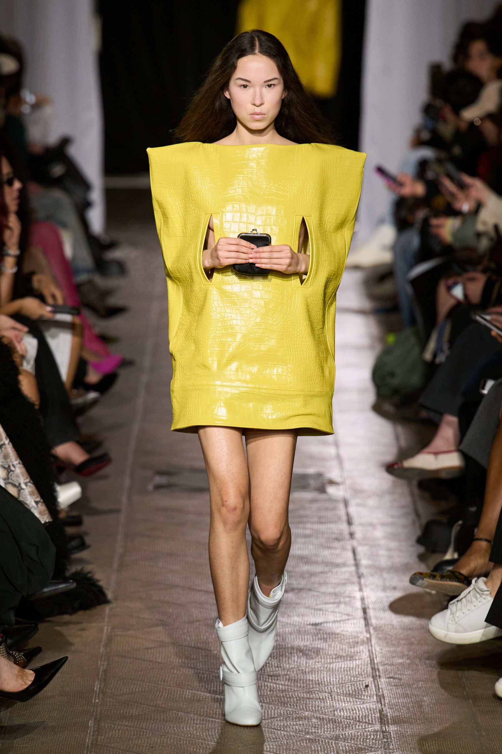 yellow vinyl sleeveless fitted structured mini dress