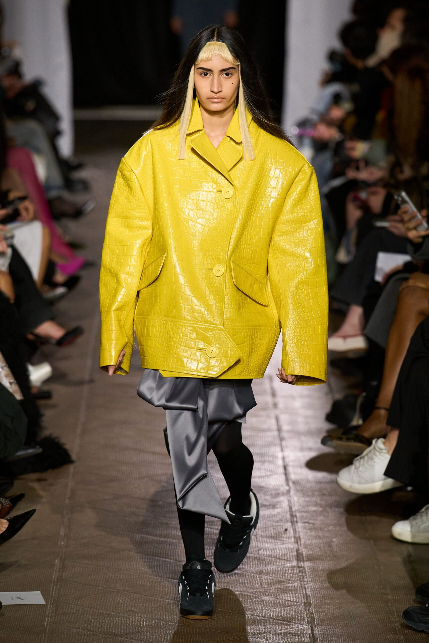 yellow leather long-sleeve collared oversized textured jacket