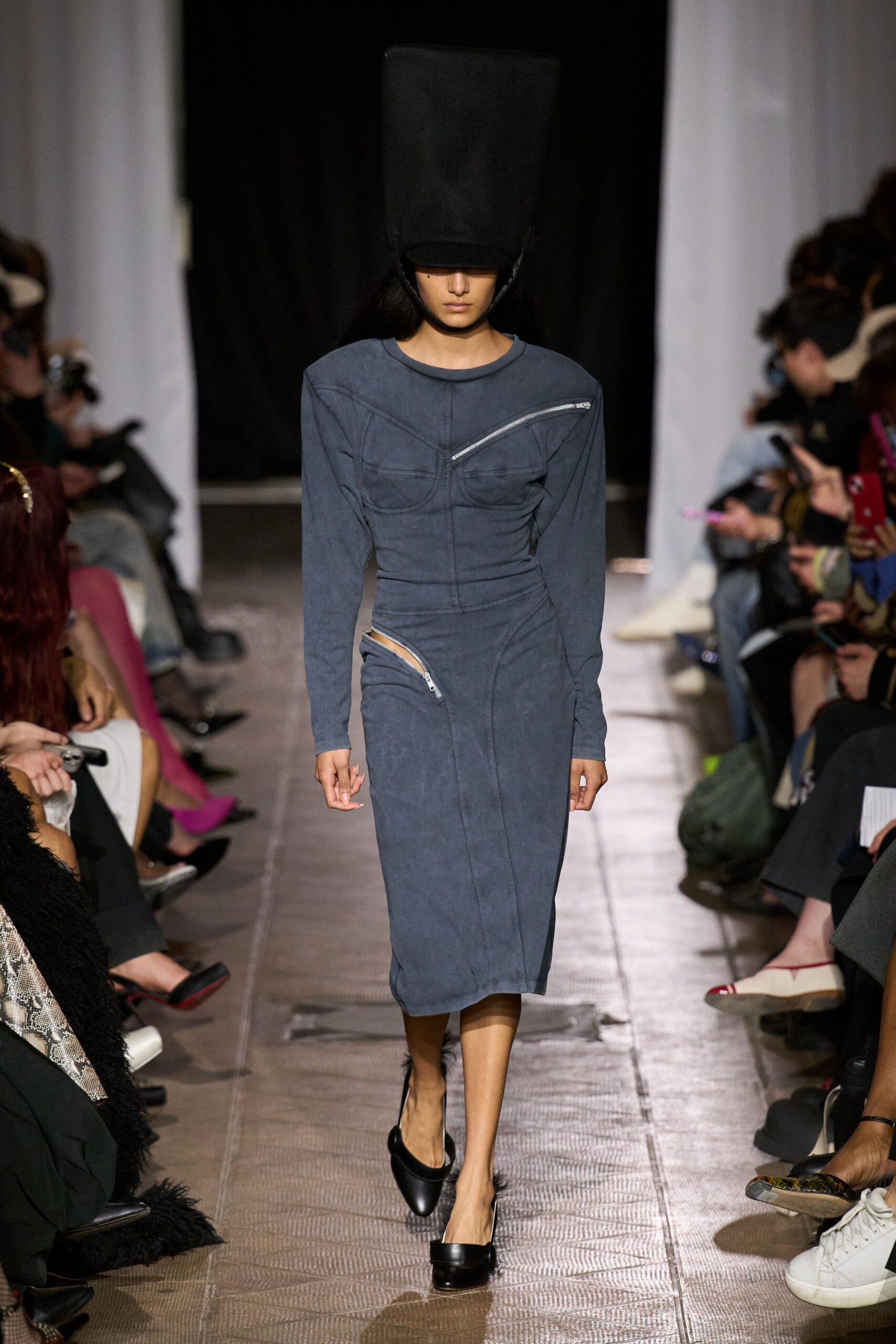 blue suede long-sleeve v-neck fitted zippered ruched dress