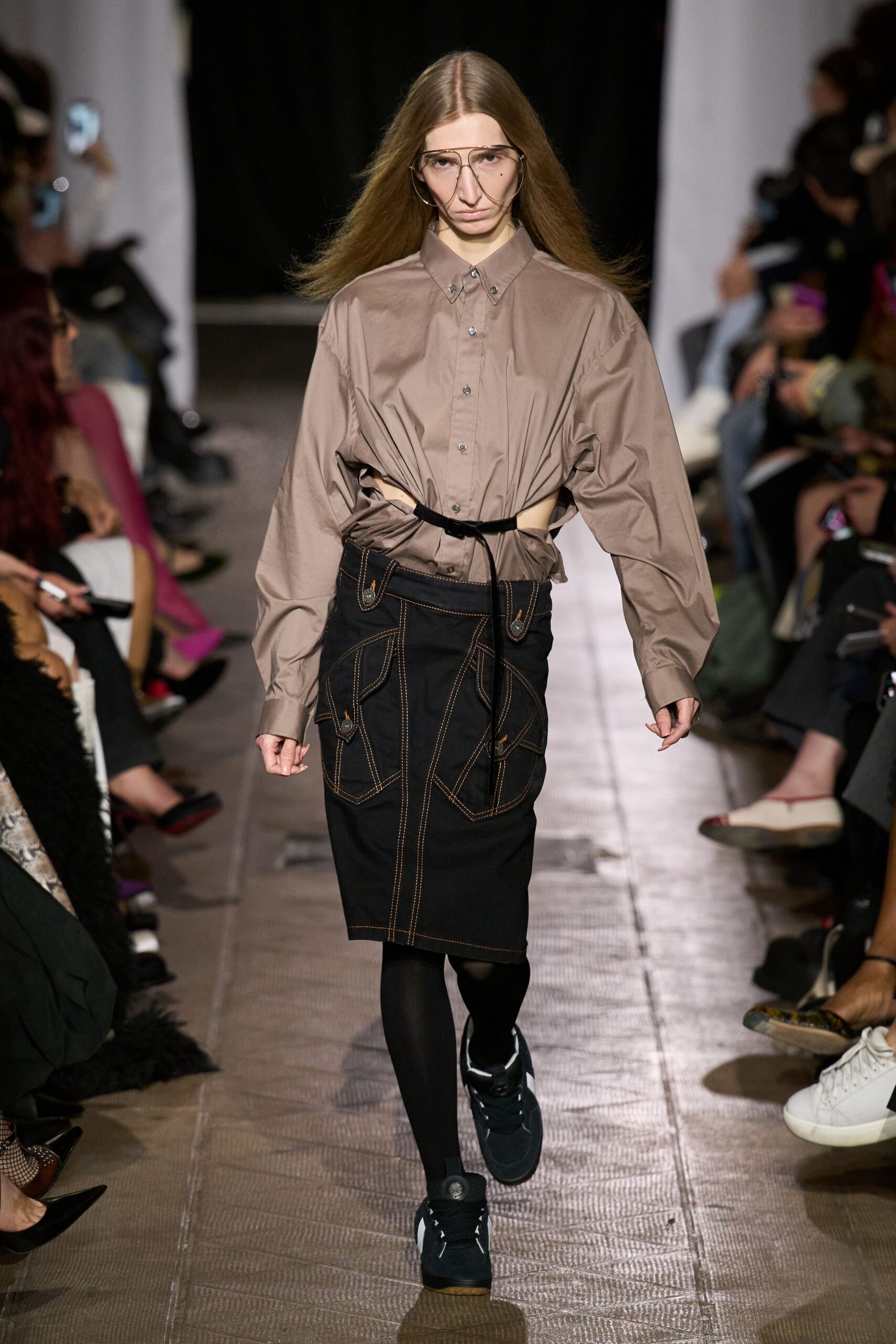 beige relaxed shirt with black skirt