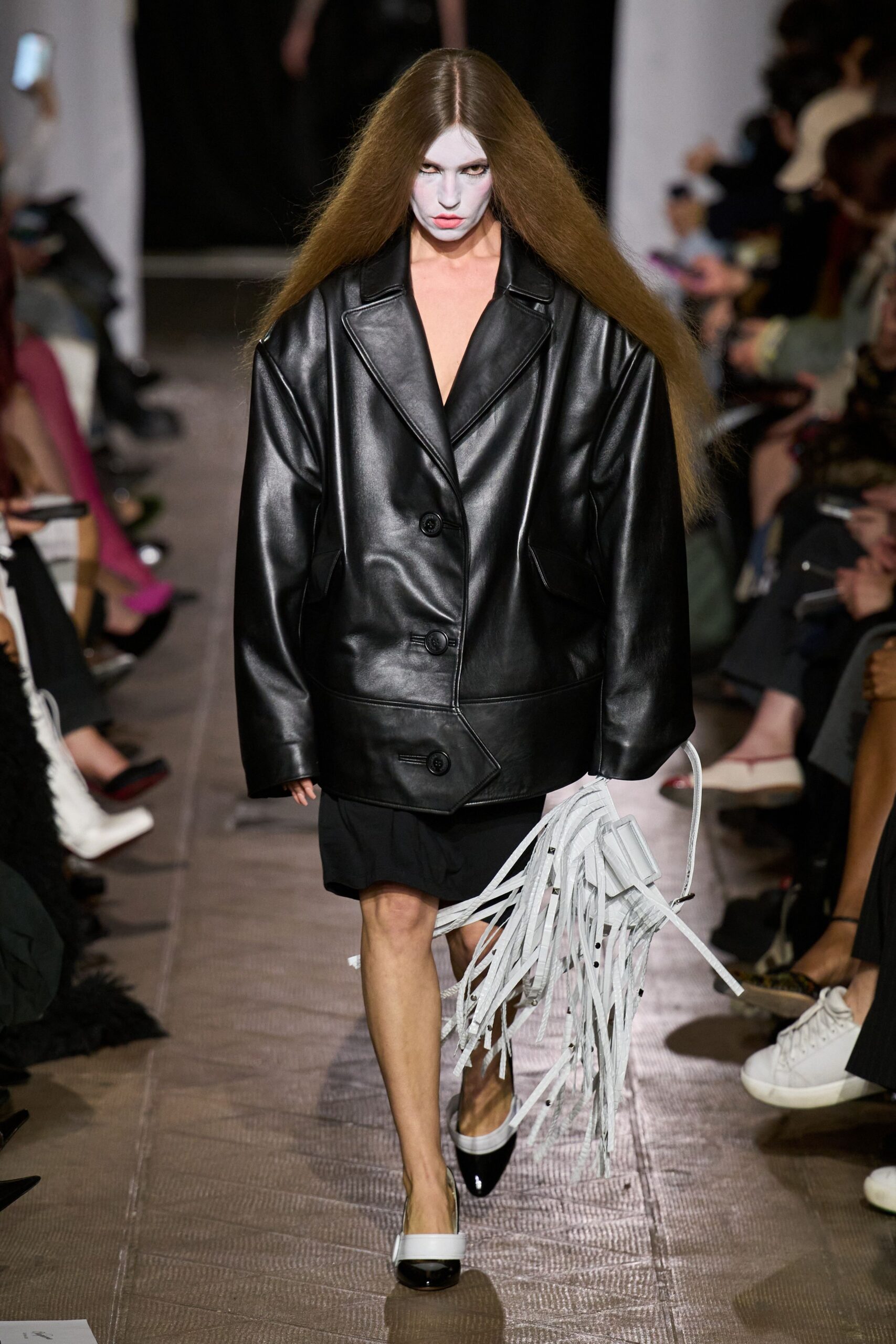 black leather long-sleeve collared oversized buttoned jacket