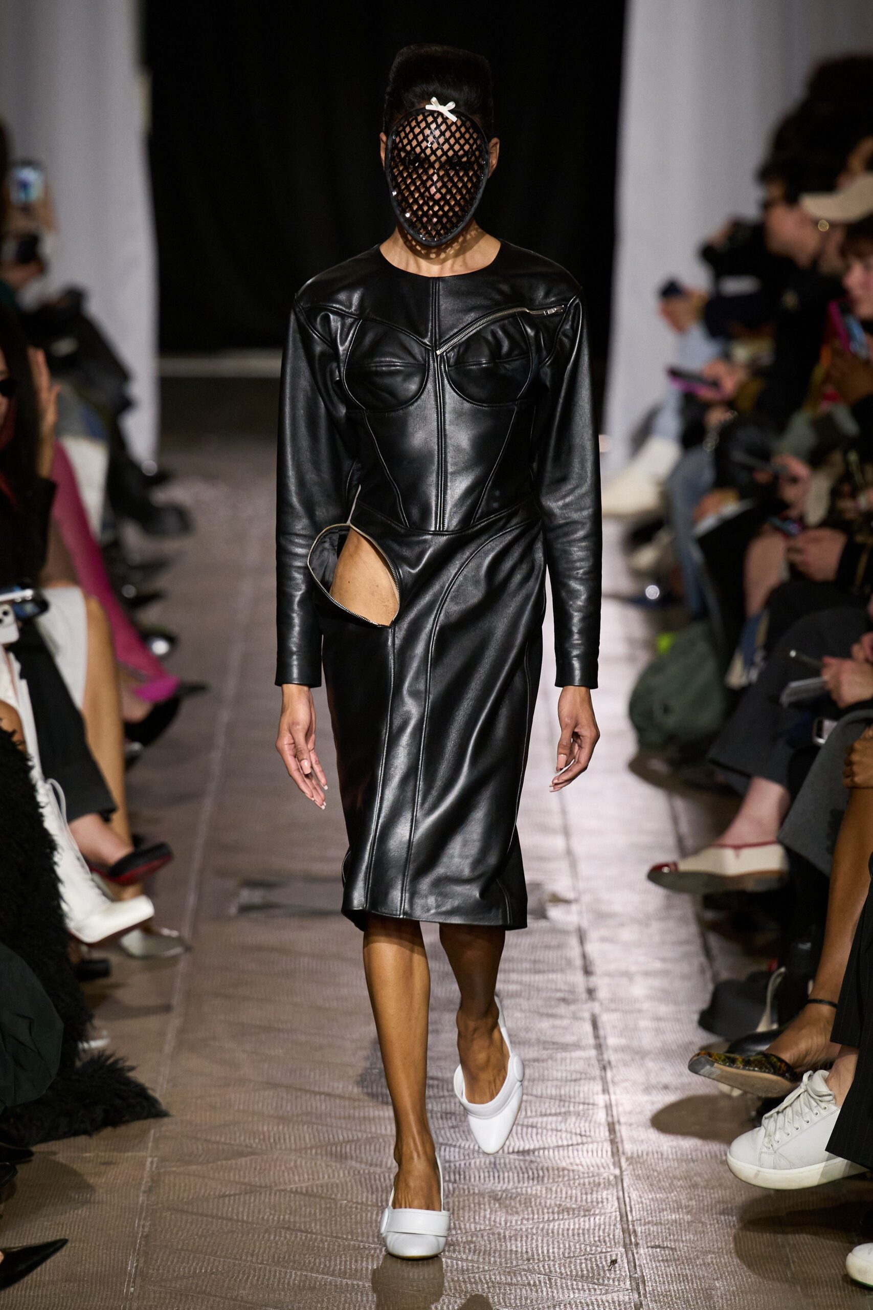 black leather long-sleeve v-neck fitted ruched midi dress