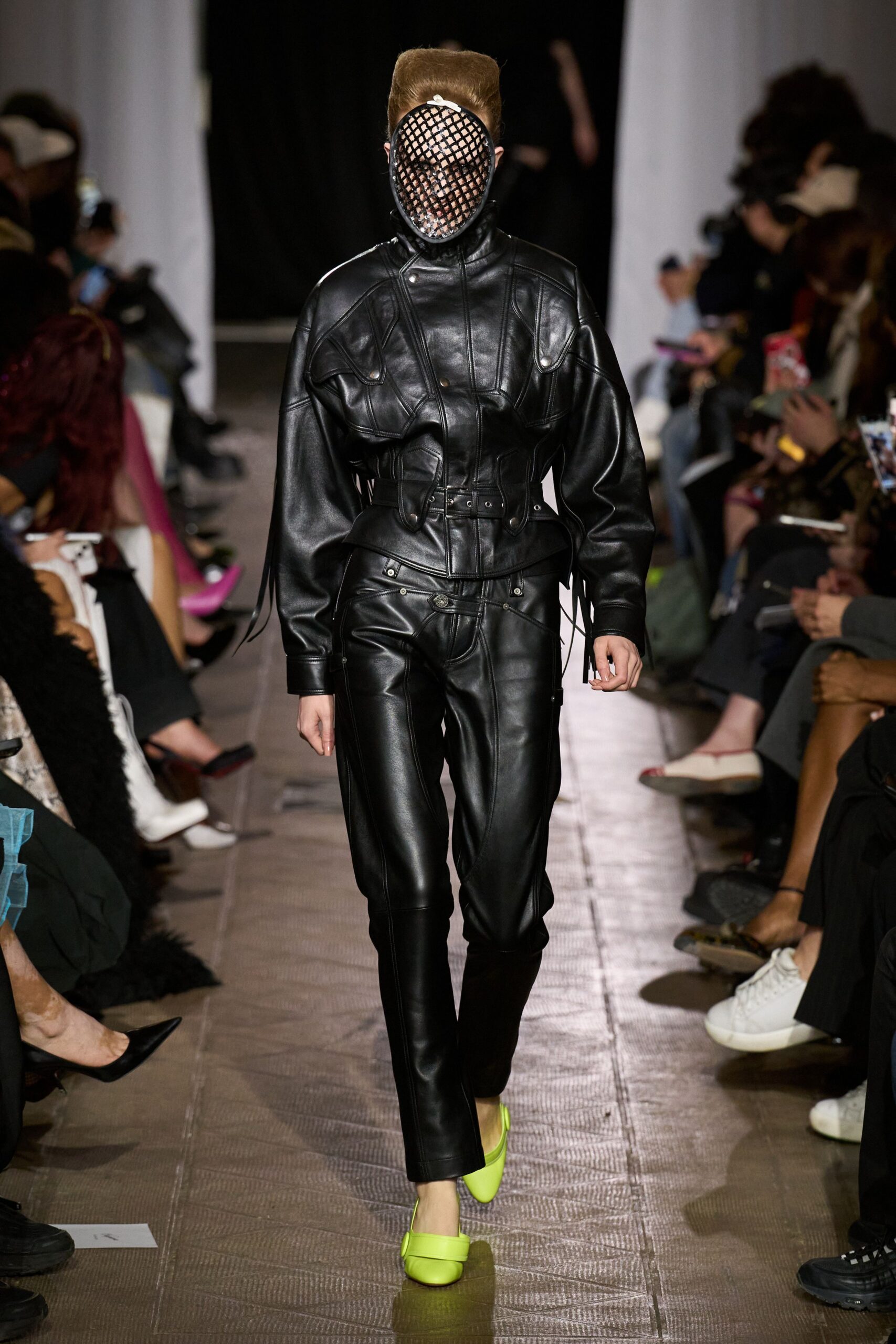 black leather fitted straight-leg pants
