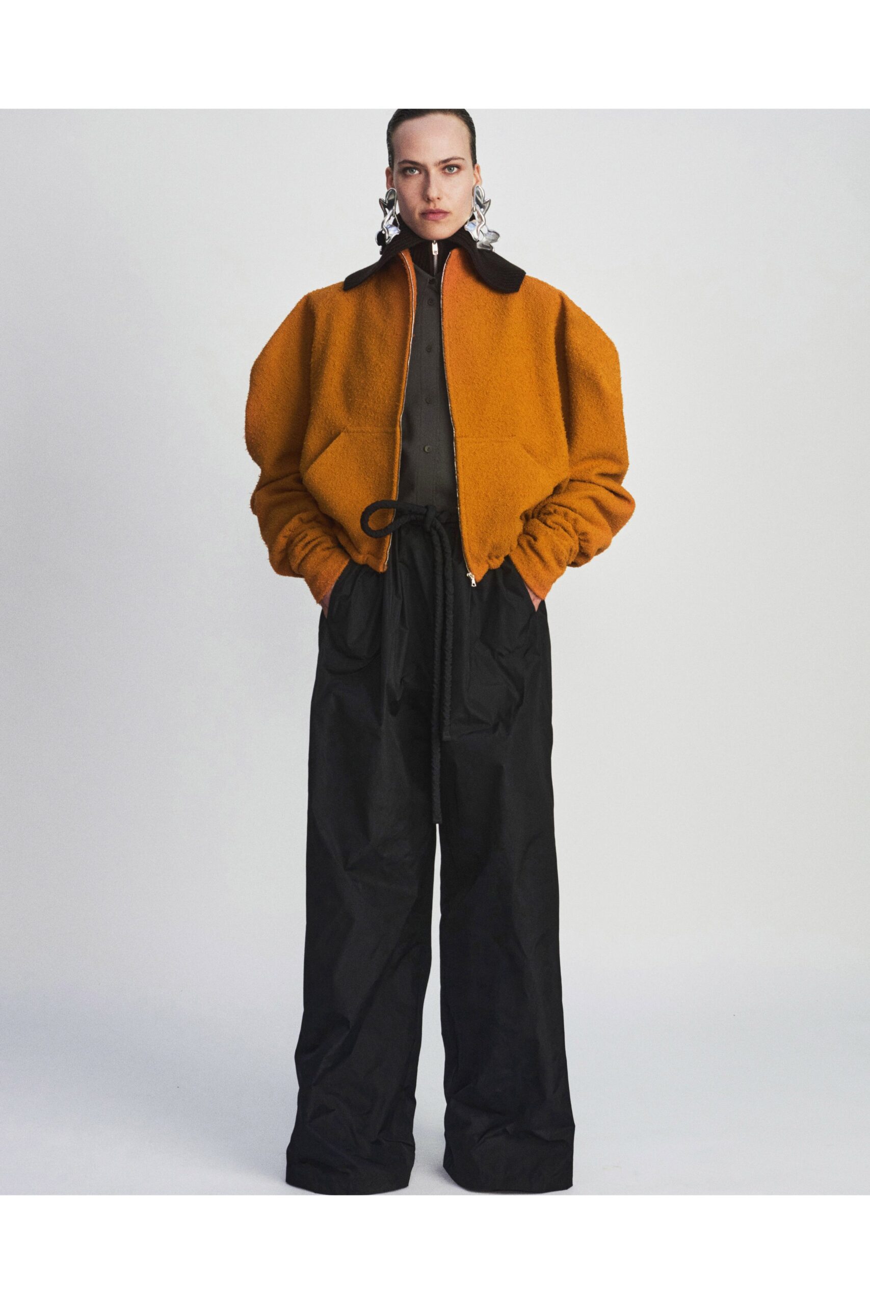 orange wool long-sleeve collared oversized zippered jacket