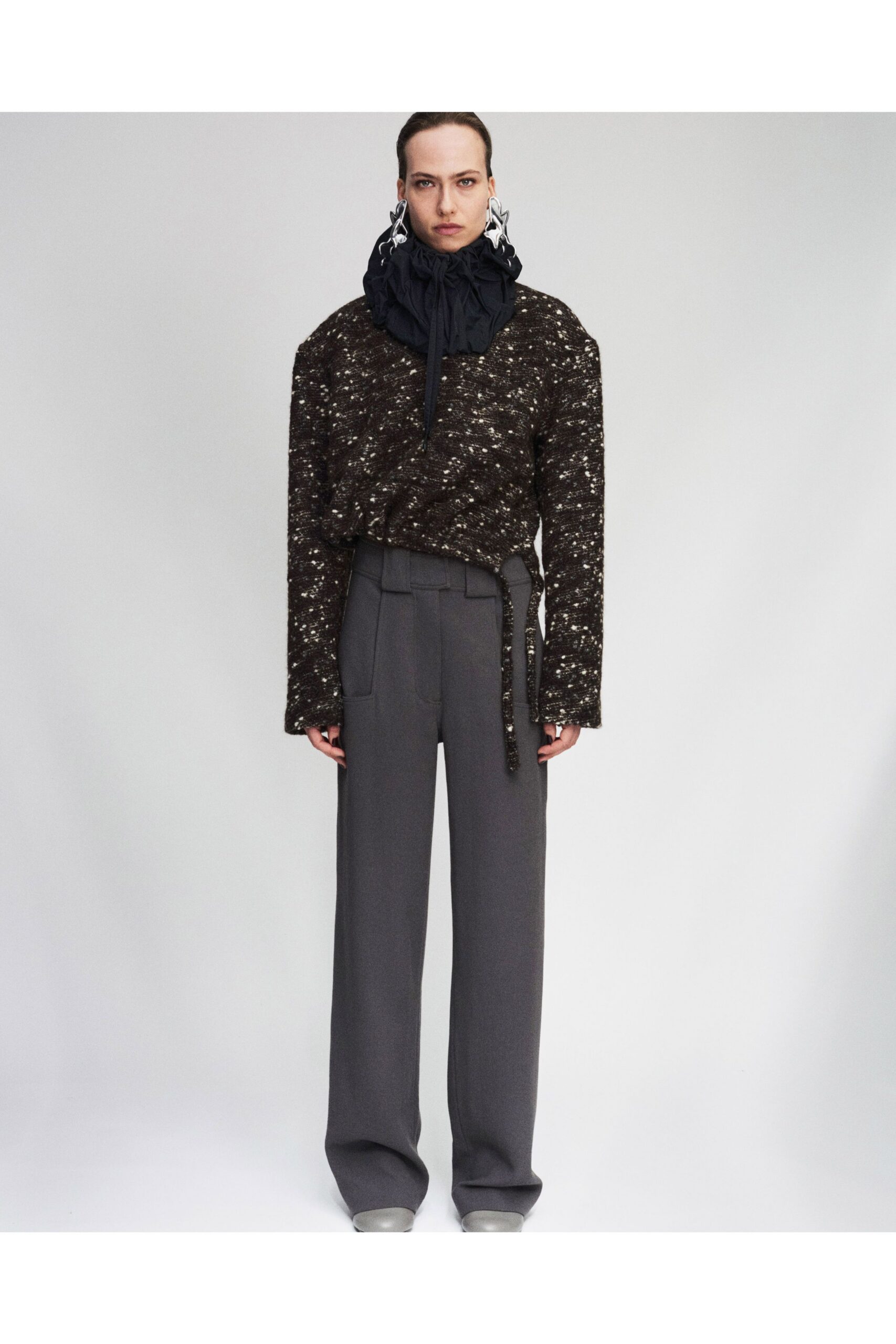 brown wool long-sleeve collared relaxed textured top