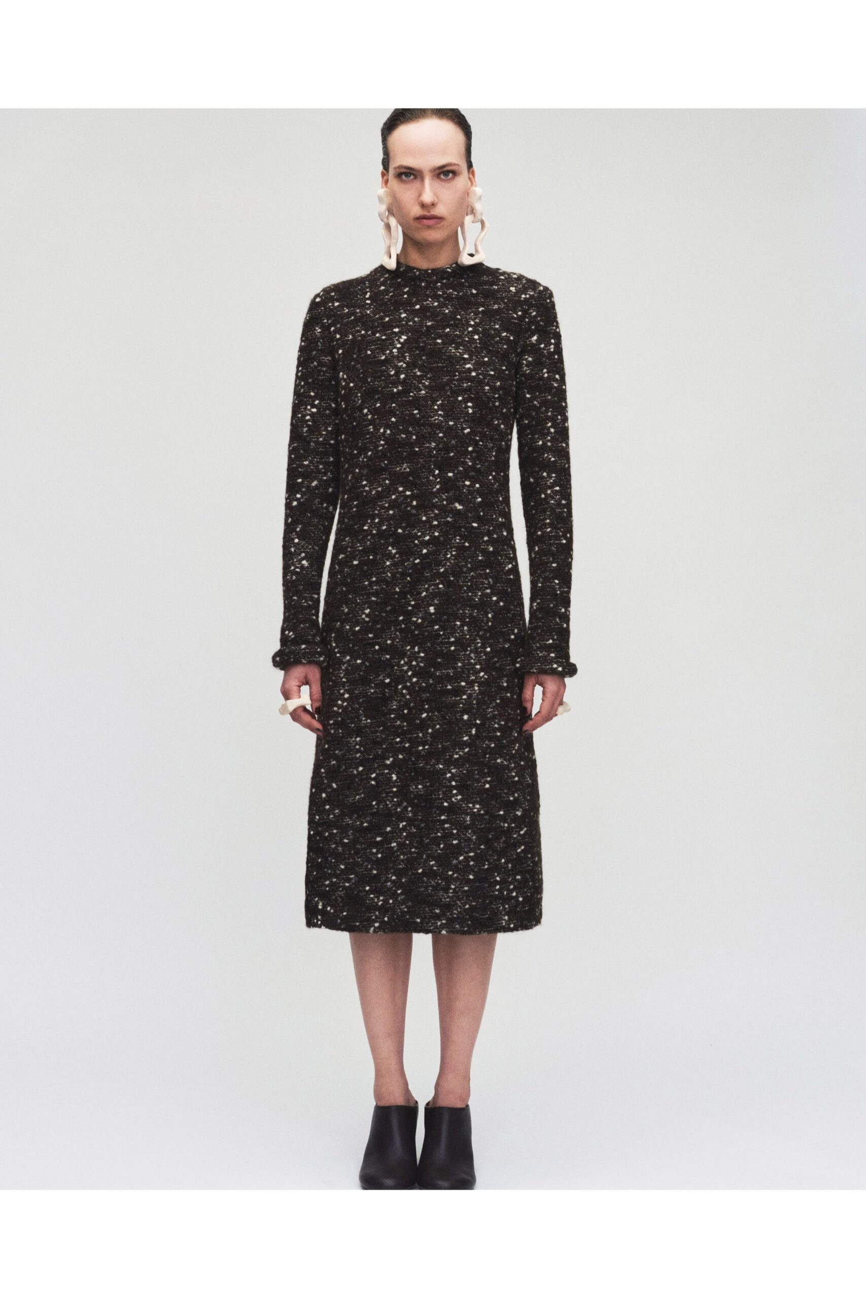 black cotton long-sleeve high-neck fitted textured midi dress