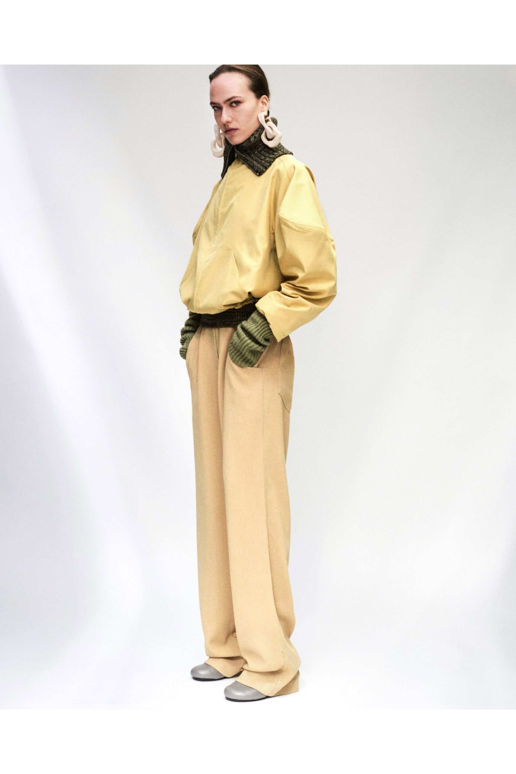 yellow cotton long-sleeve collared relaxed top